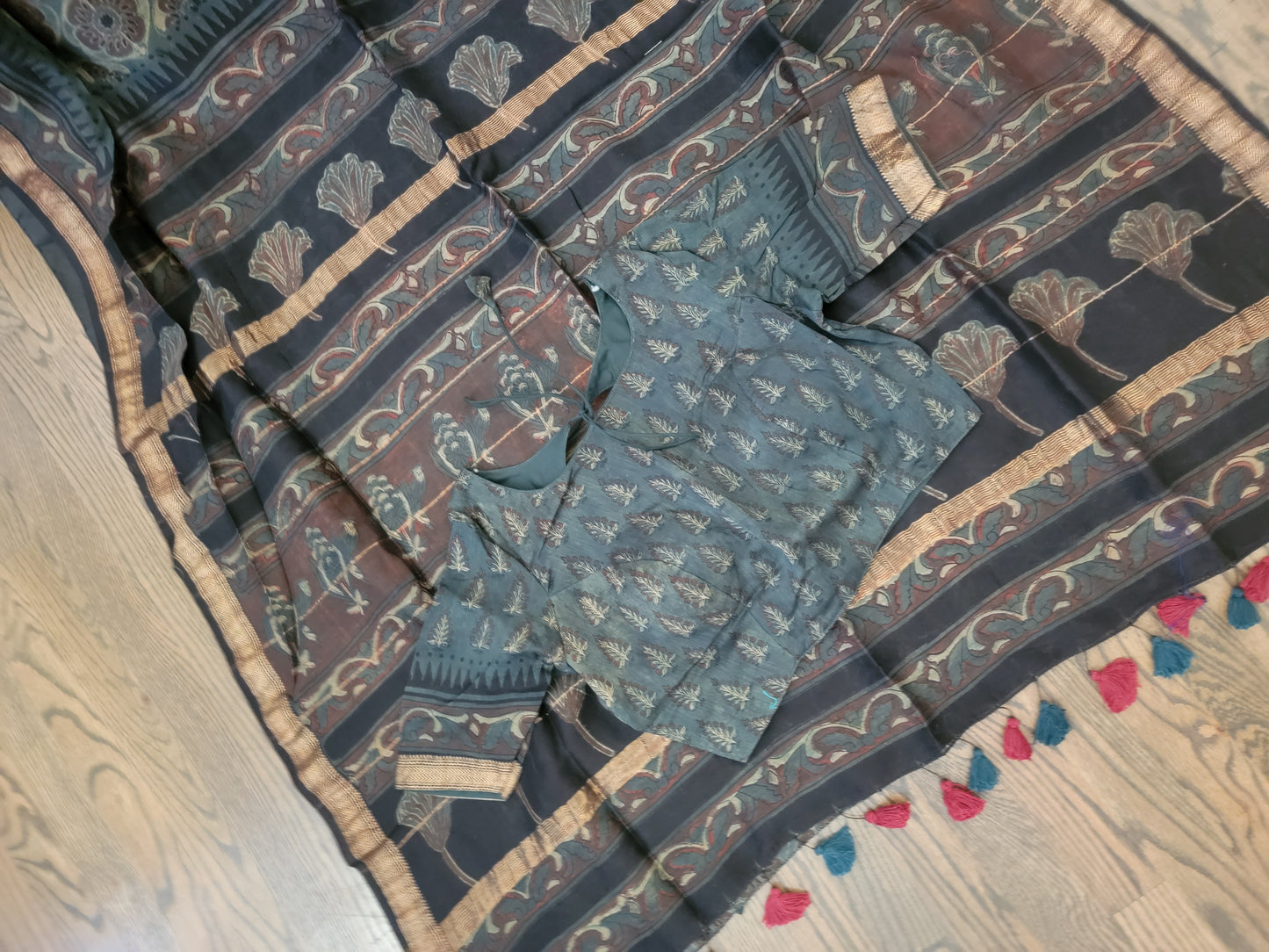 Ajarakh Vegetable Color Dyed hand block printed Saree on Maheshwari Silk