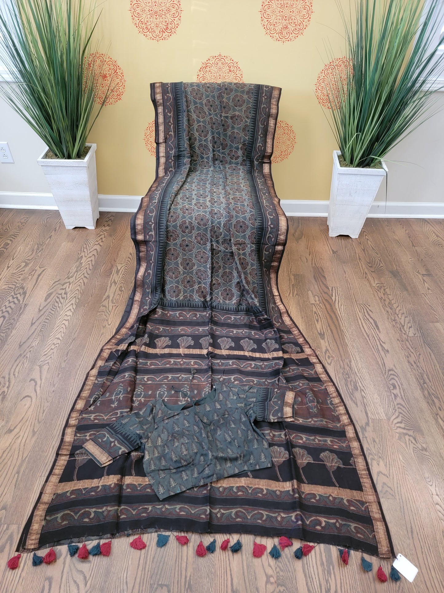 Ajarakh Vegetable Color Dyed hand block printed Saree on Maheshwari Silk