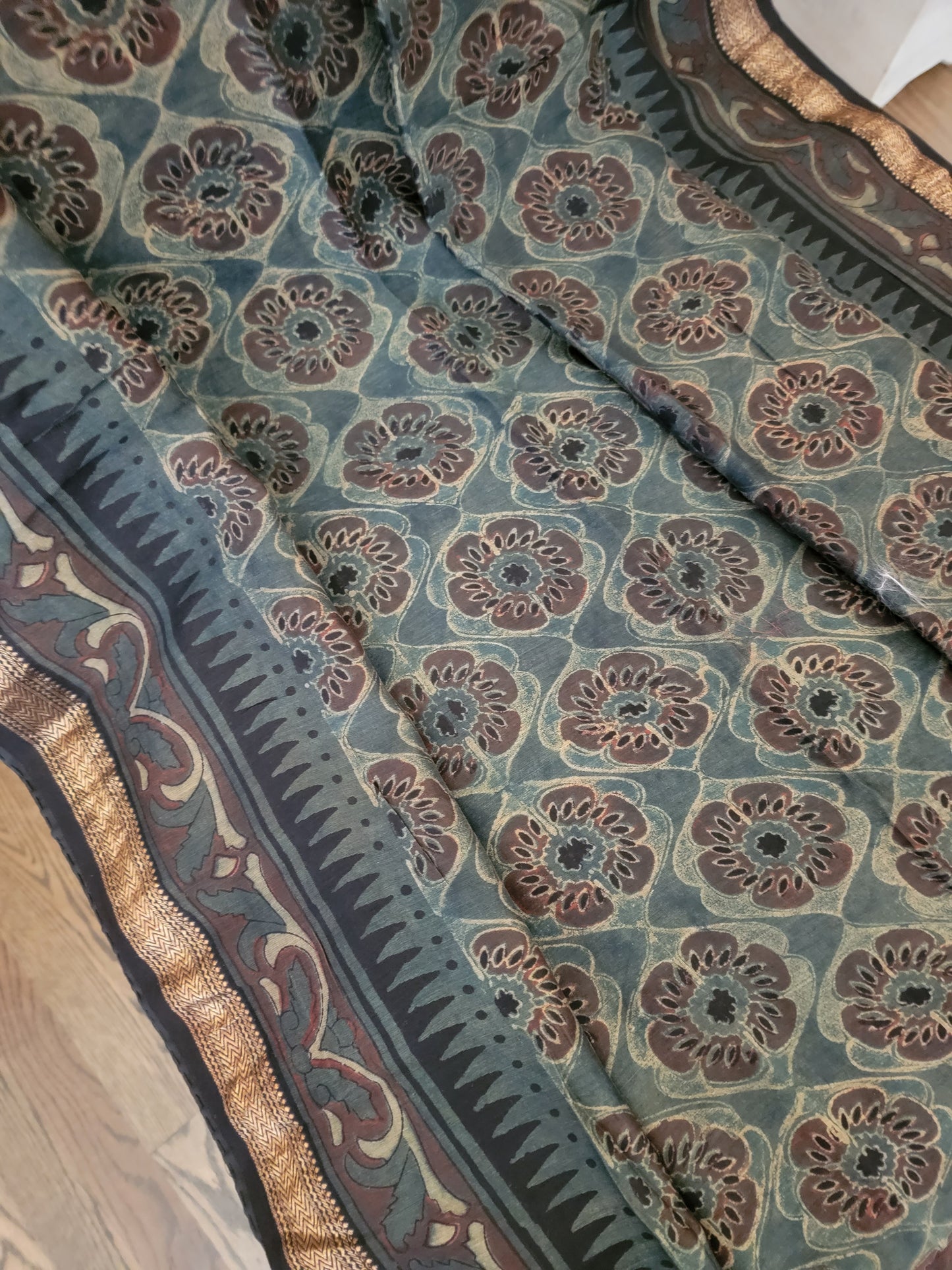 Ajarakh Vegetable Color Dyed hand block printed Saree on Maheshwari Silk