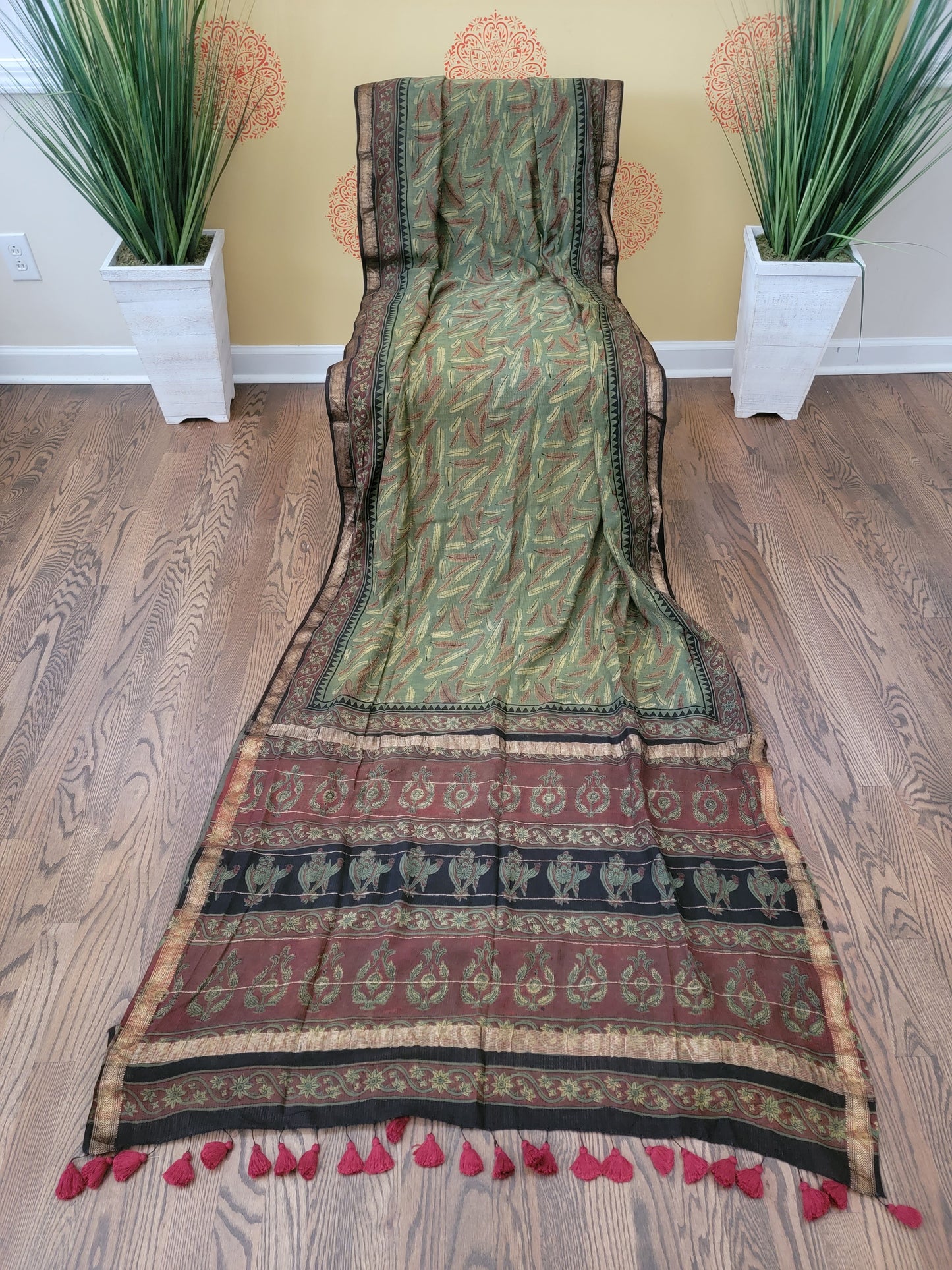 Ajarakh Vegetable Color Dyed hand block printed Saree on Maheshwari Silk