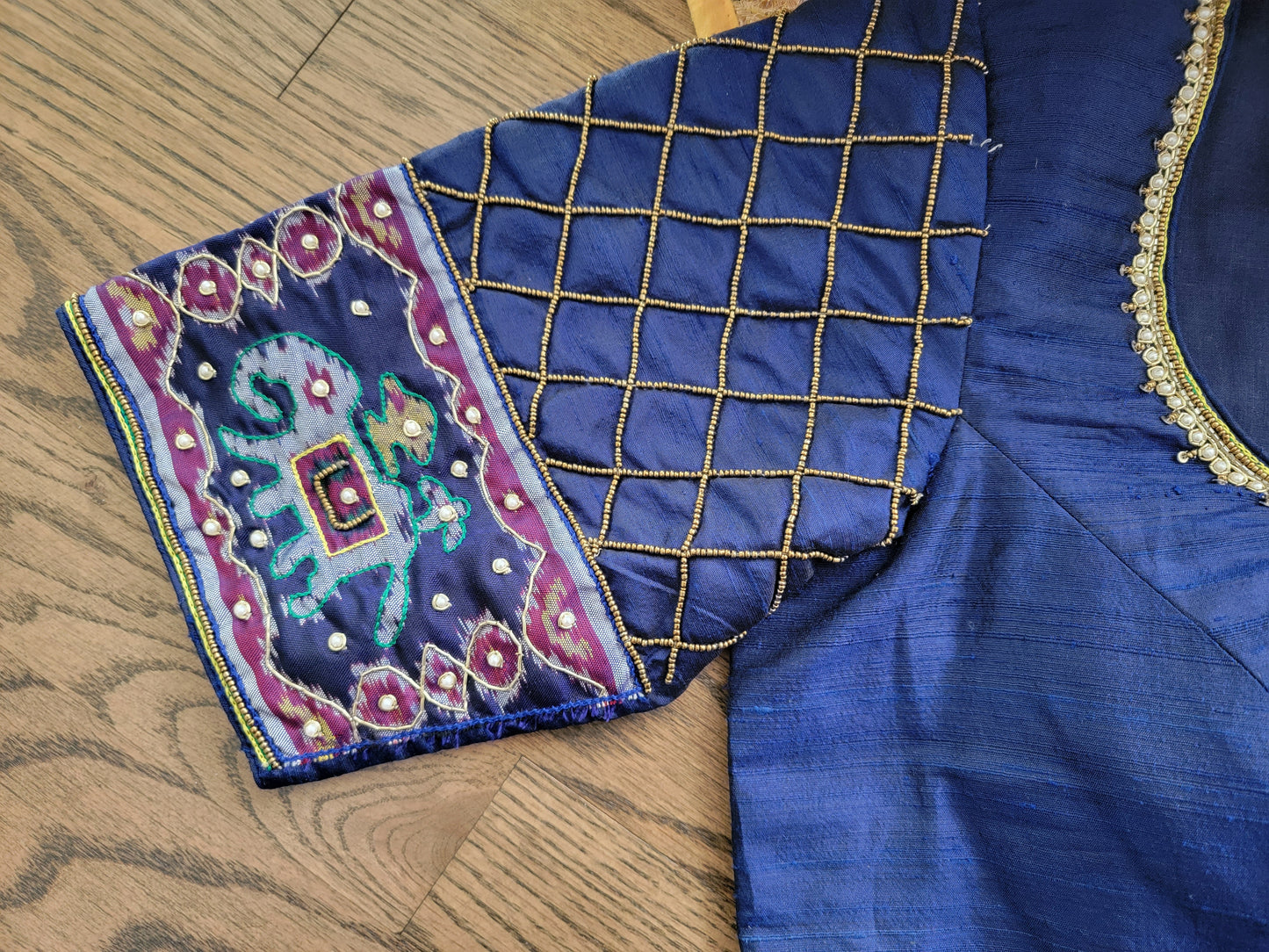 Maggam work Raw Silk Patola sleeve Blouse - Royal Blue