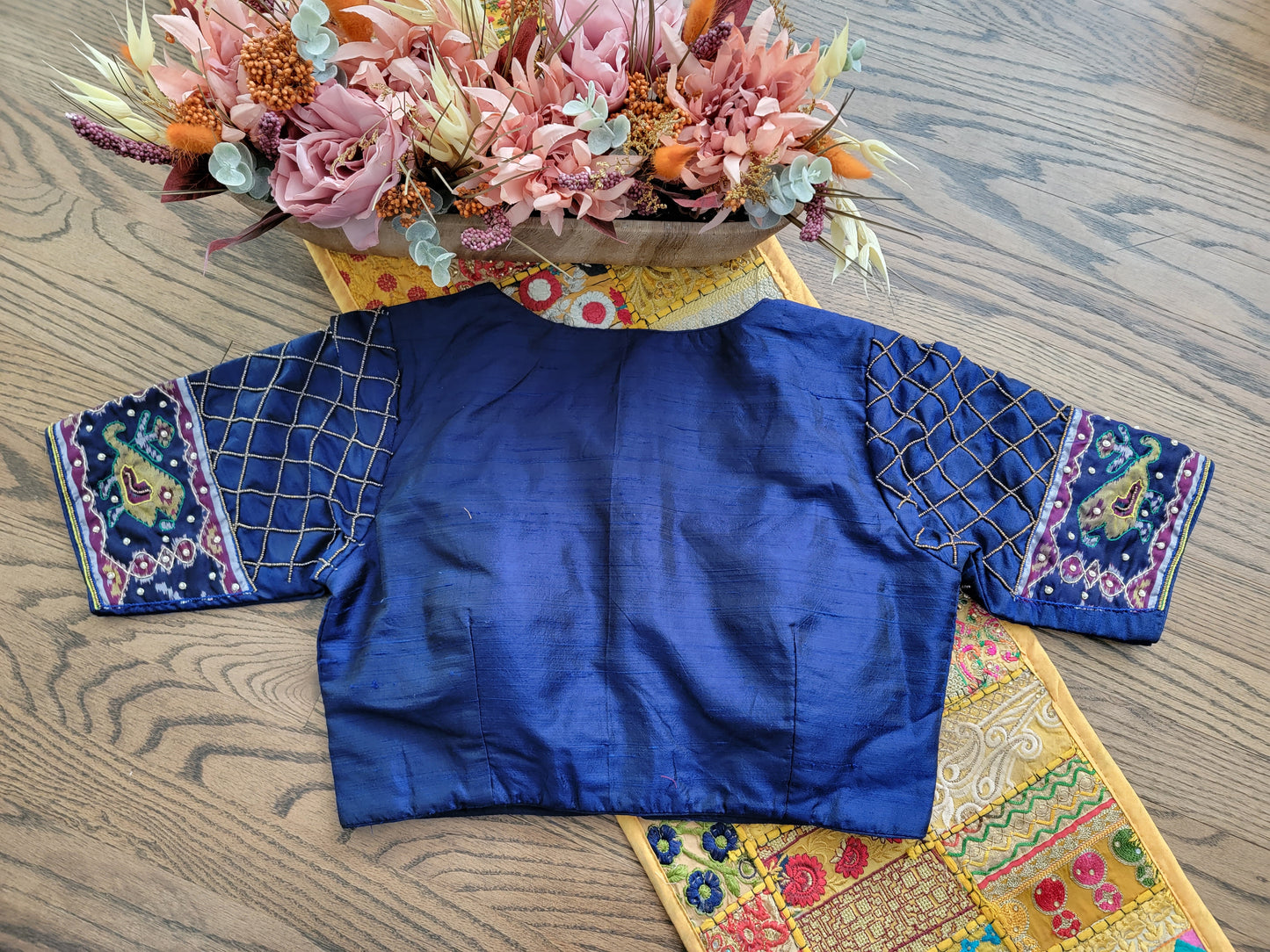 Maggam work Raw Silk Patola sleeve Blouse - Royal Blue