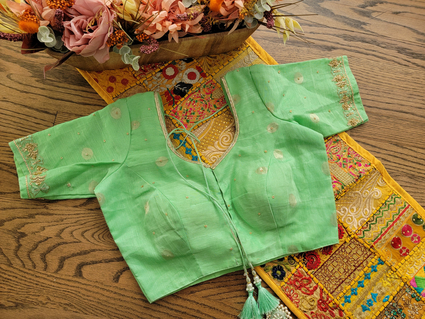 Maggam work Raw Silk Blouse - Pista Green