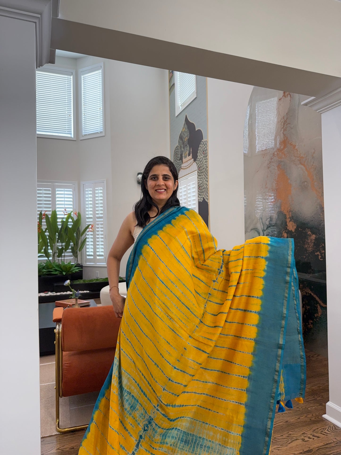 Hand tied shibori on Chanderi