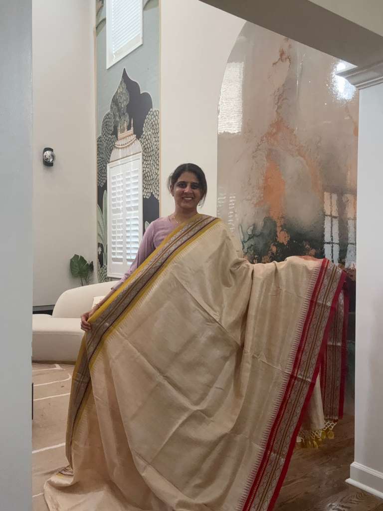 Handwoven Vidarbha tusser Saree - Yellow & Crimson Border