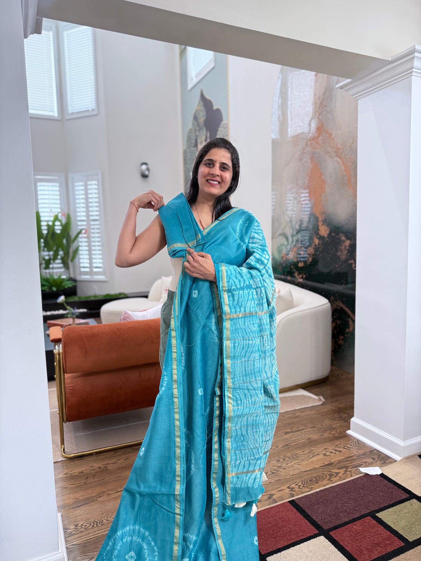 Hand tied shibori on Chanderi