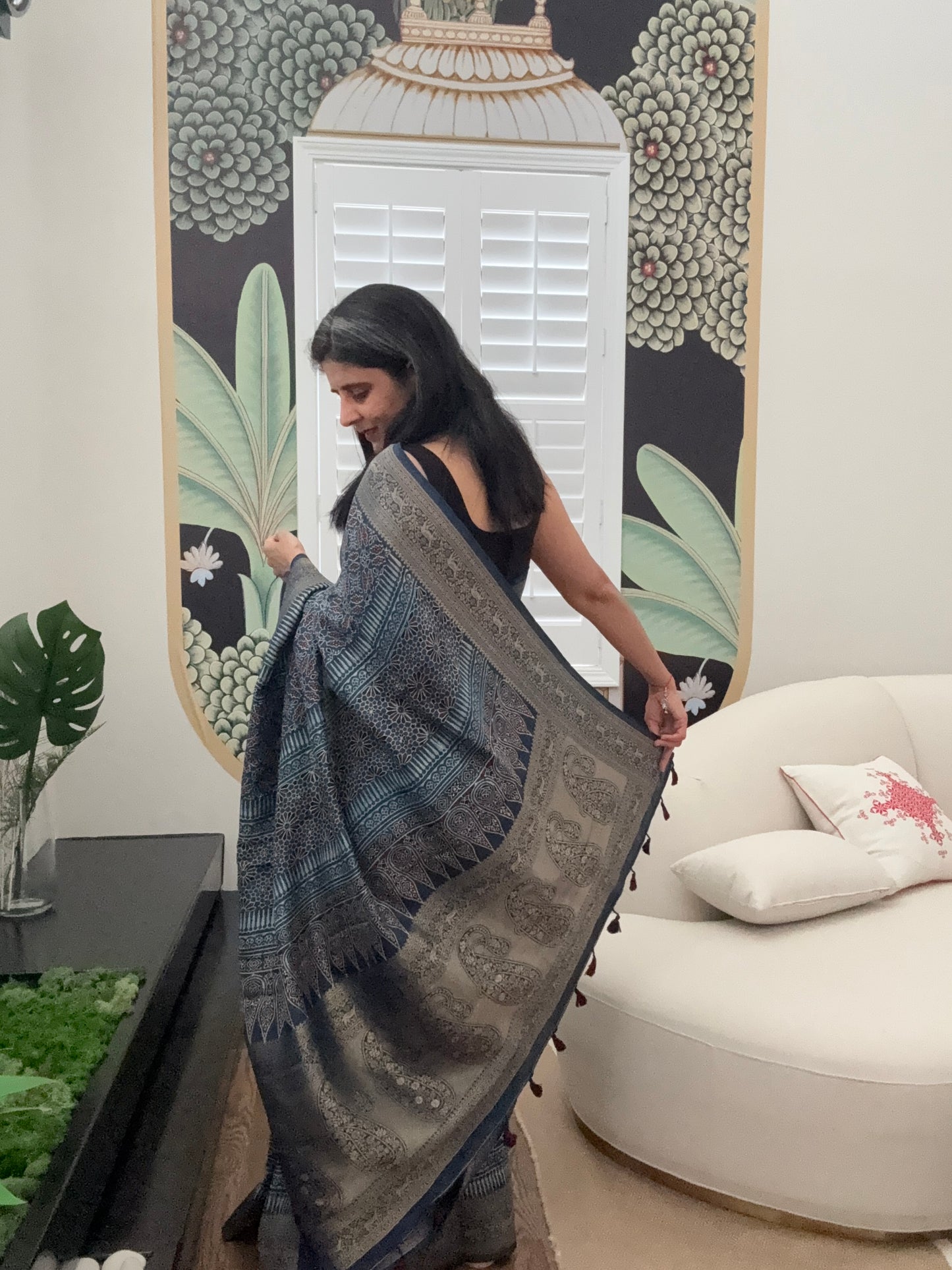 Ajarakh Natural Color Dyed hand block printed Saree on Dola Silk- Blue
