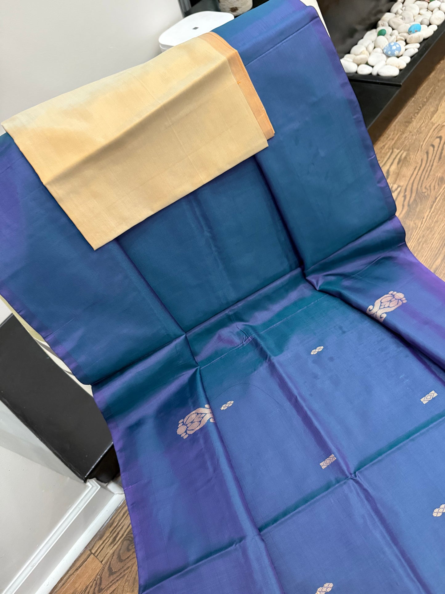 Banana Silk Saree - Navy Blue with Sandy tan pallu