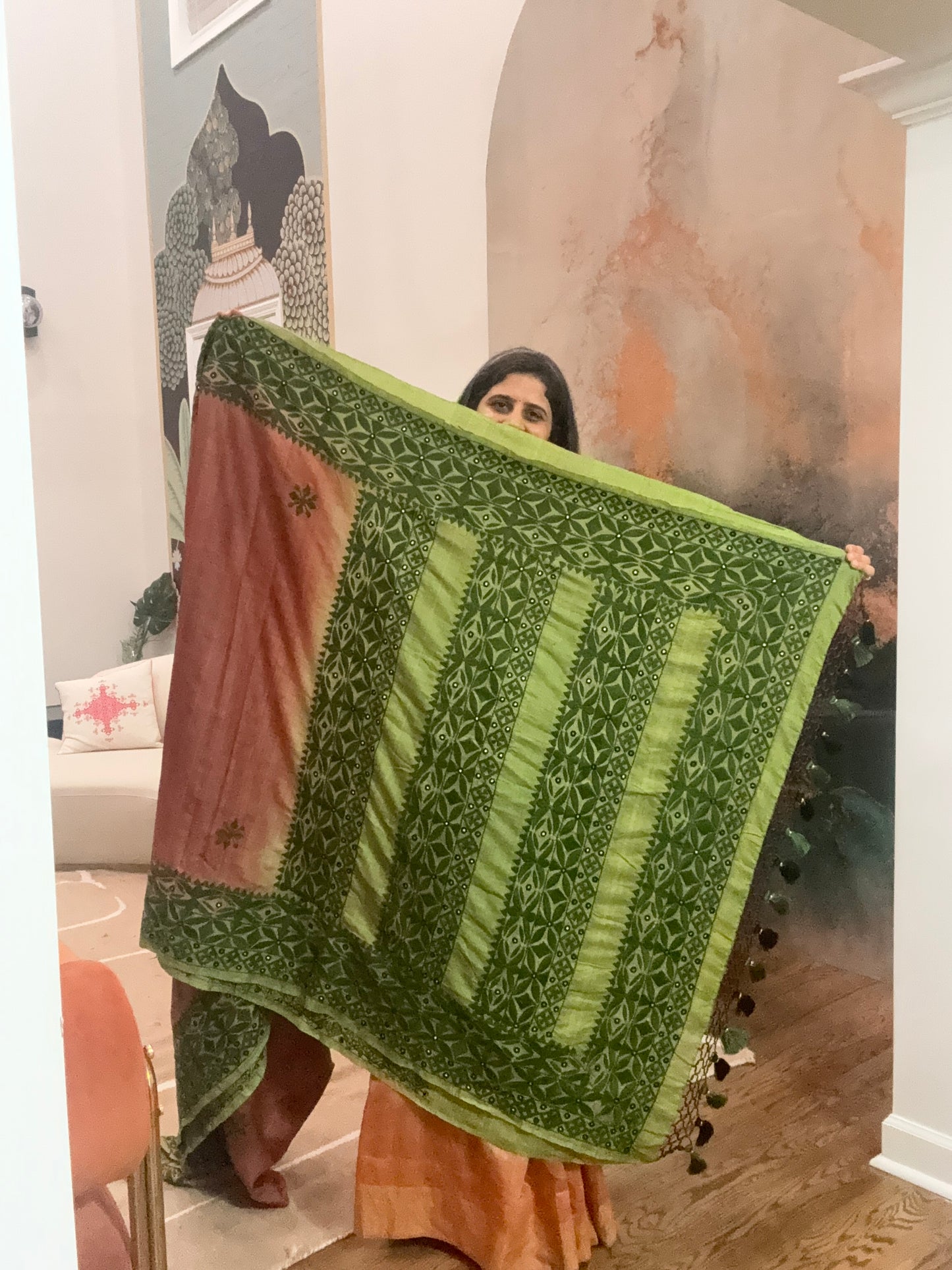 Gujarati Hand Embroidery Saree on Tusser silk