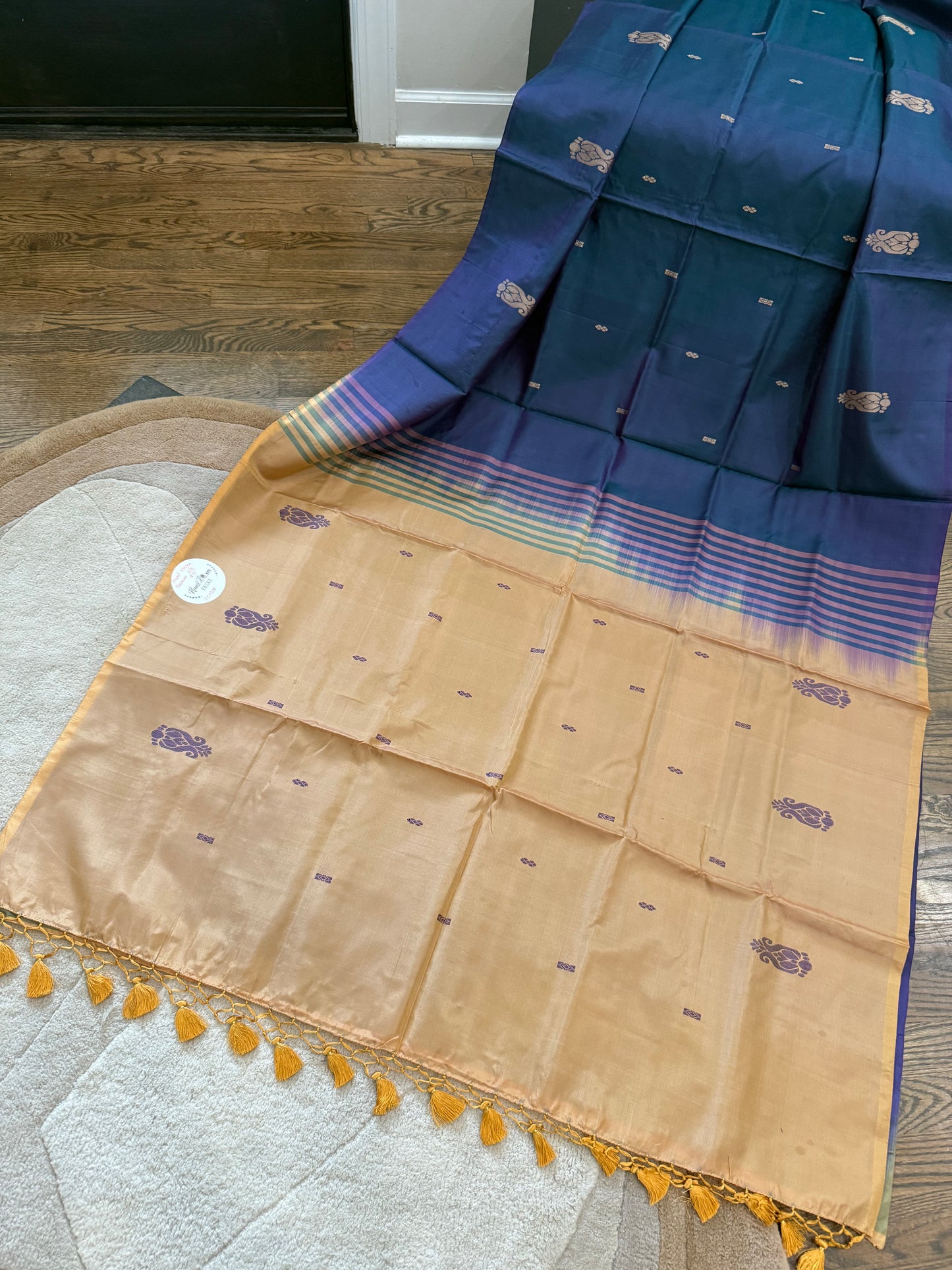 Banana Silk Saree - Navy Blue with Sandy tan pallu