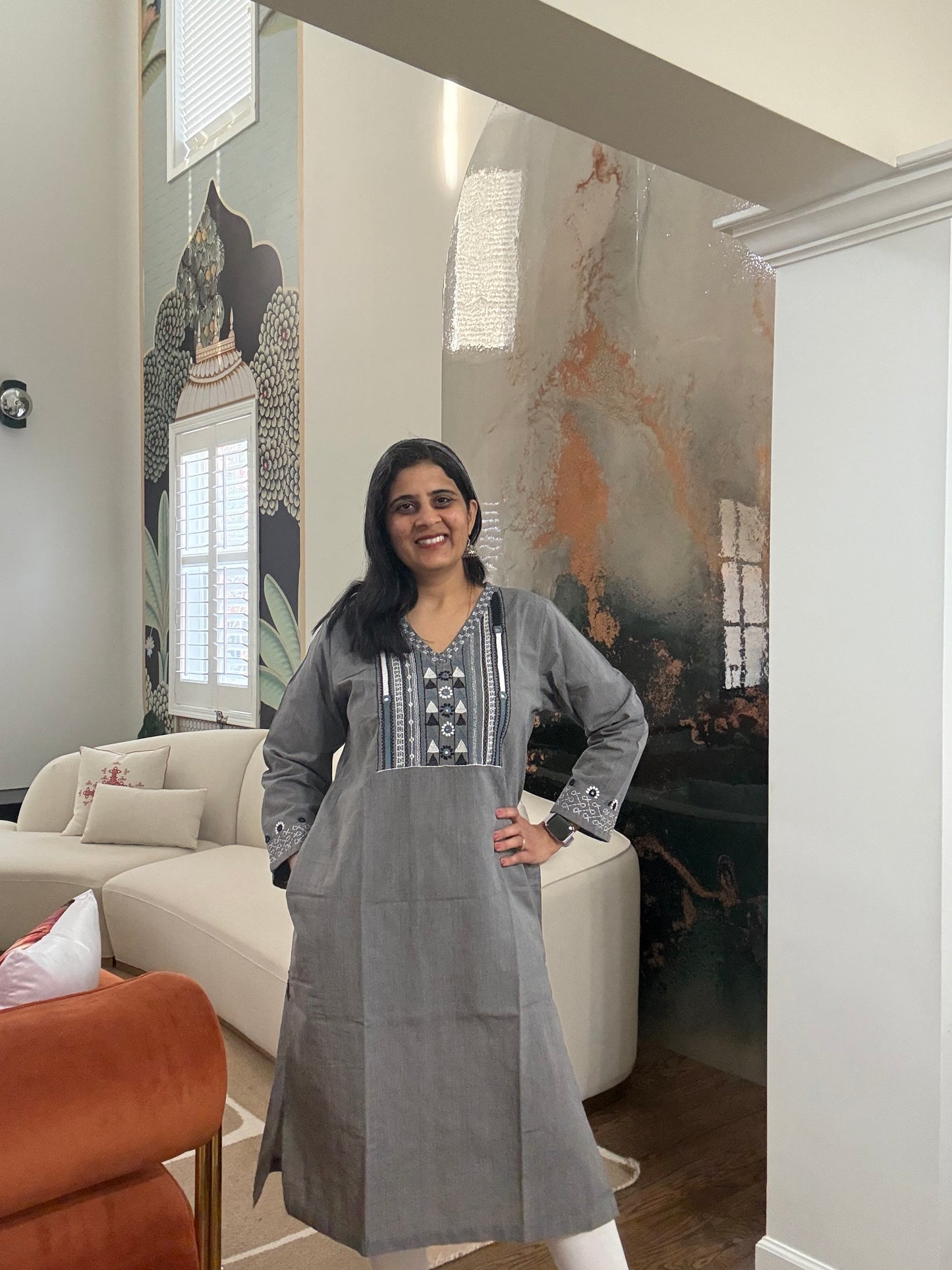 Size 38 - Lambani Hand Embroidered Kurta - Gray