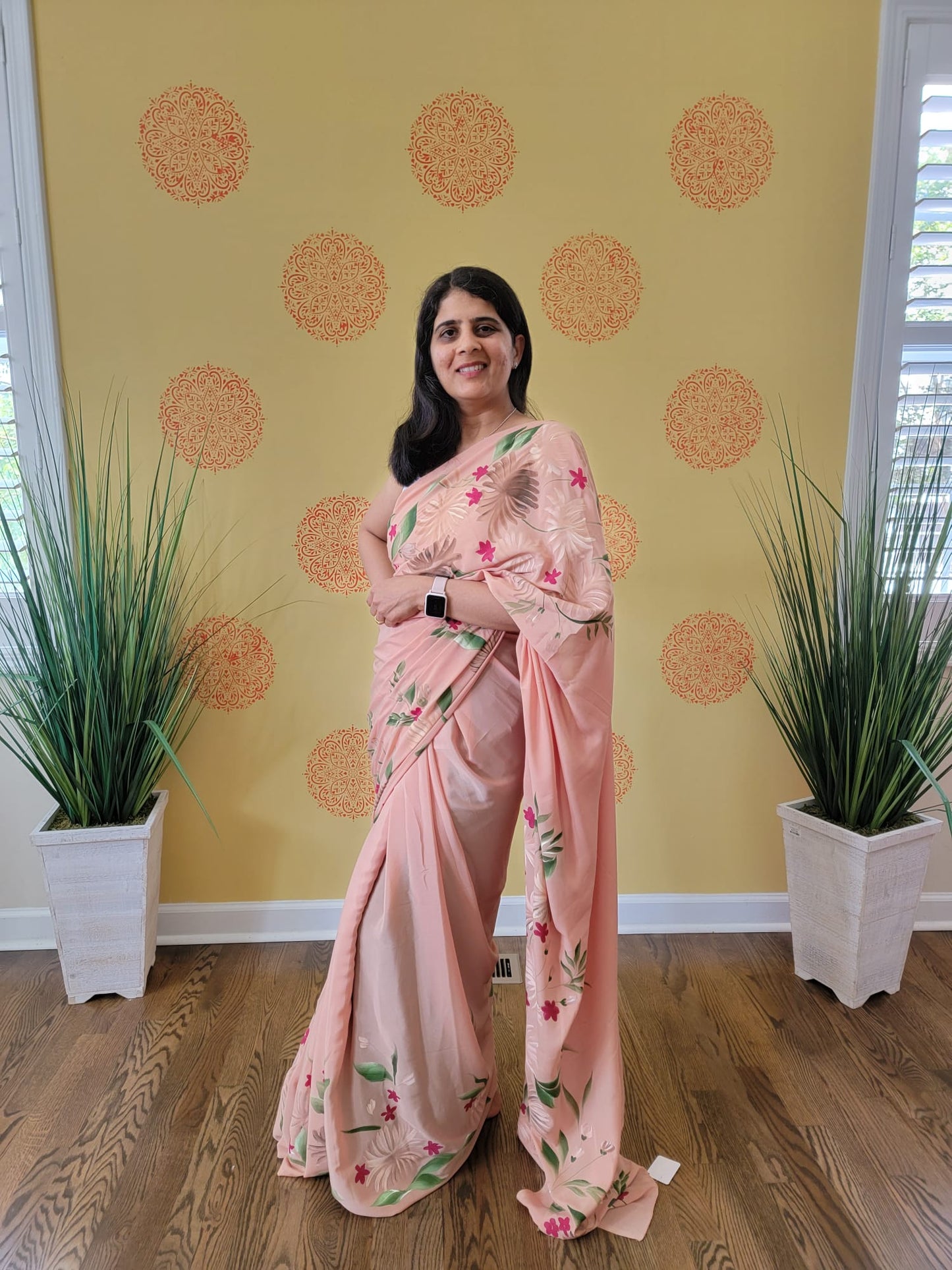 Hand Painted floral Saree on Crape Silk
