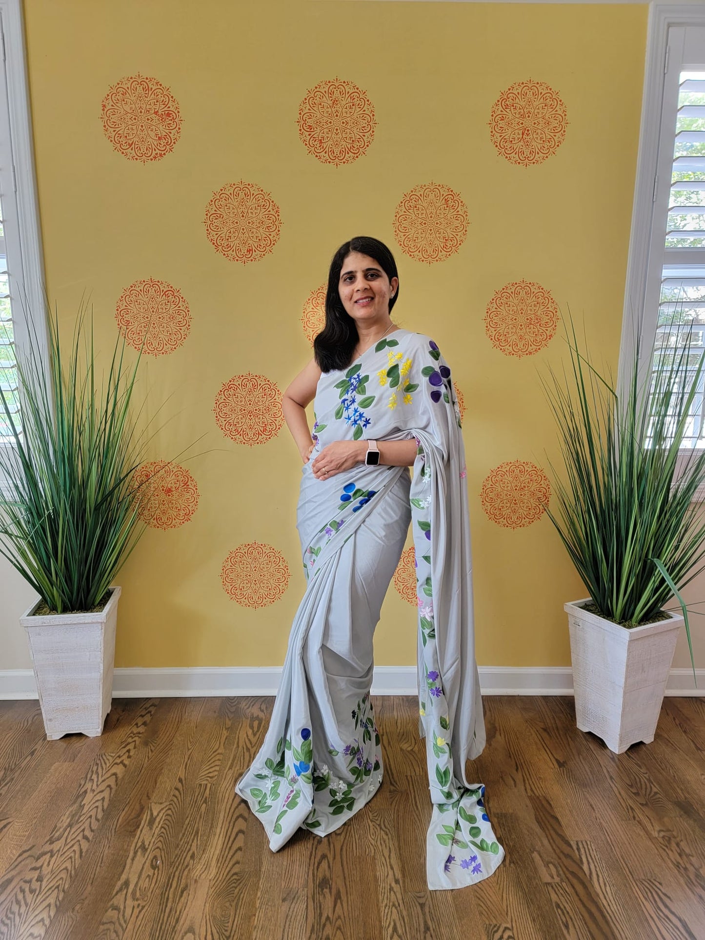 Hand Painted floral Saree on Crape Silk