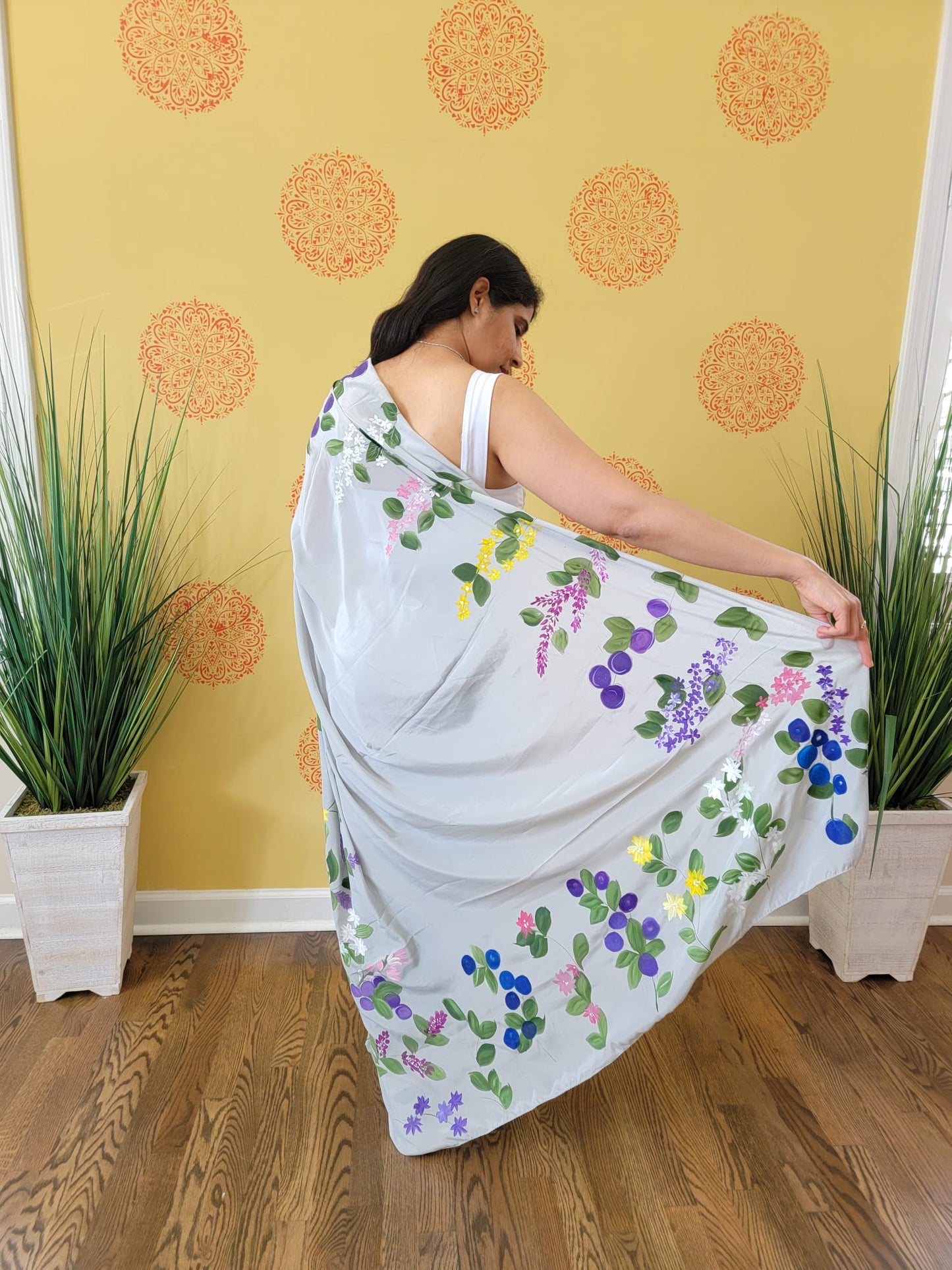 Hand Painted floral Saree on Crape Silk
