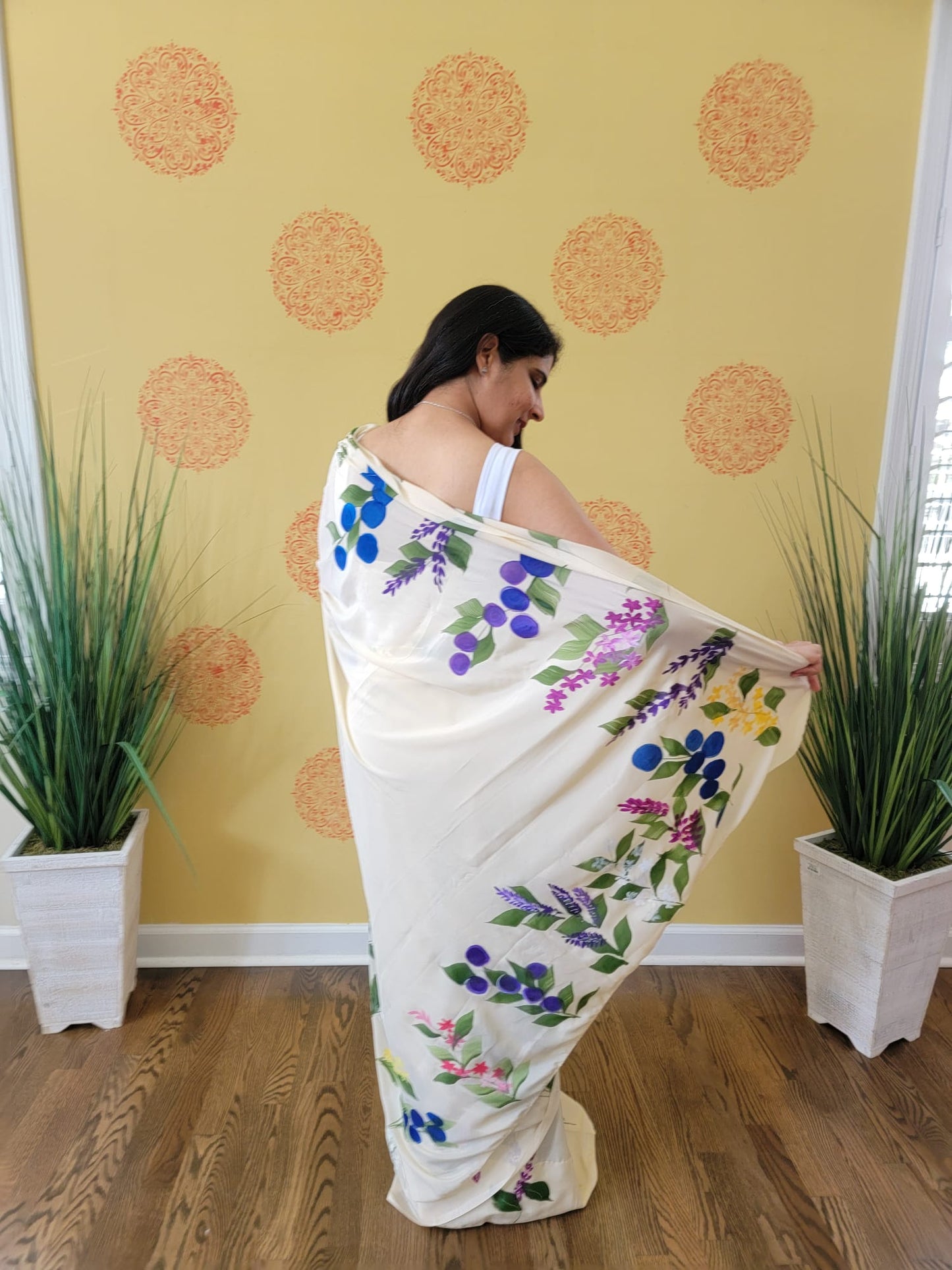 Hand Painted floral Saree on Crape Silk