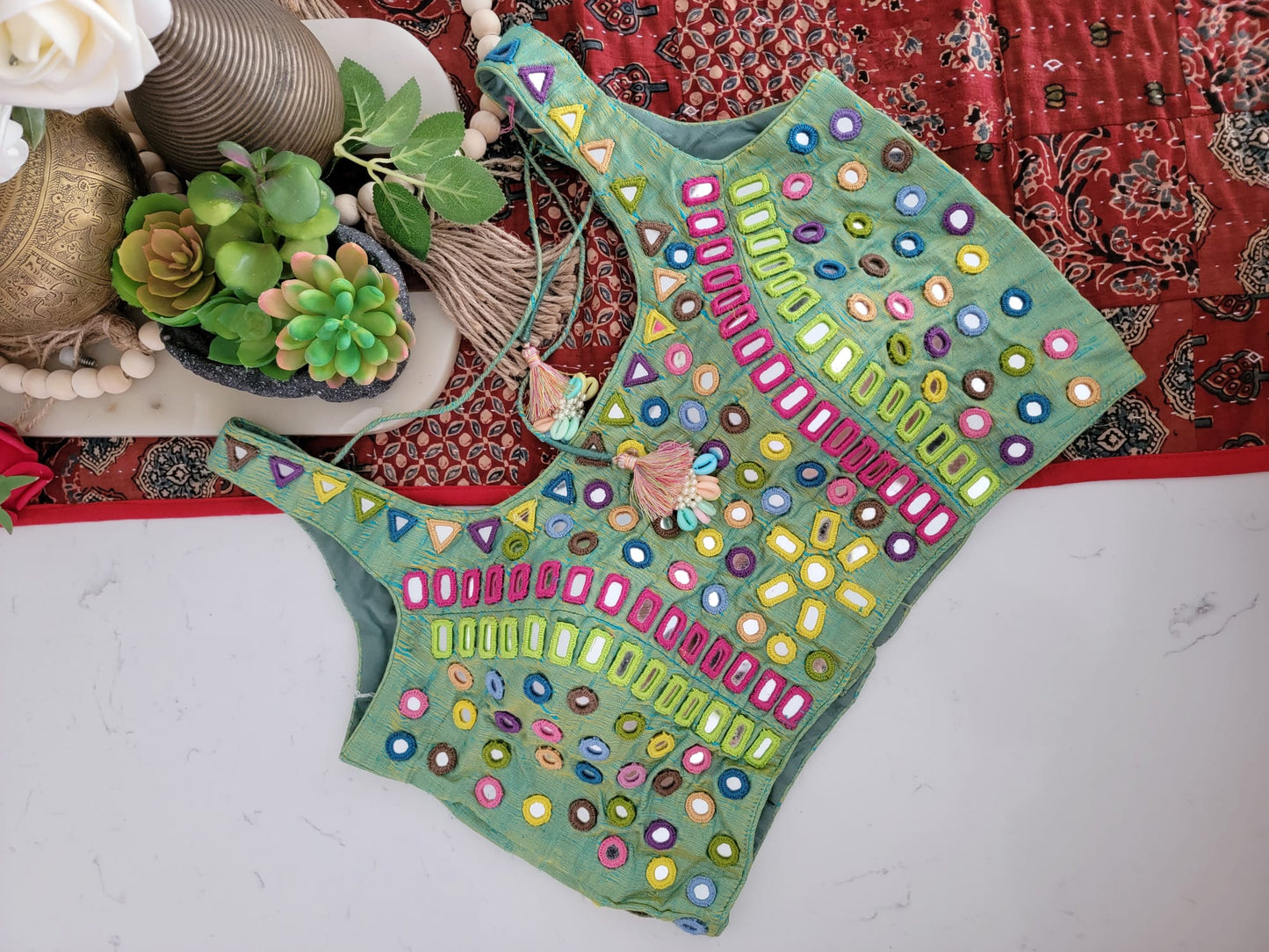 Mirror Work Blouse on Mashru Silk- Multicolor