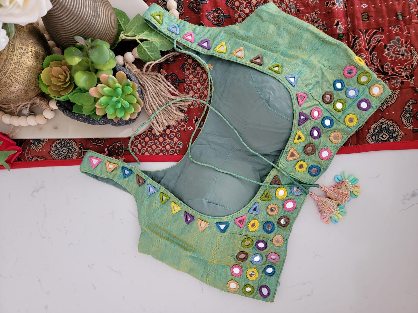 Mirror Work Blouse on Mashru Silk- Multicolor