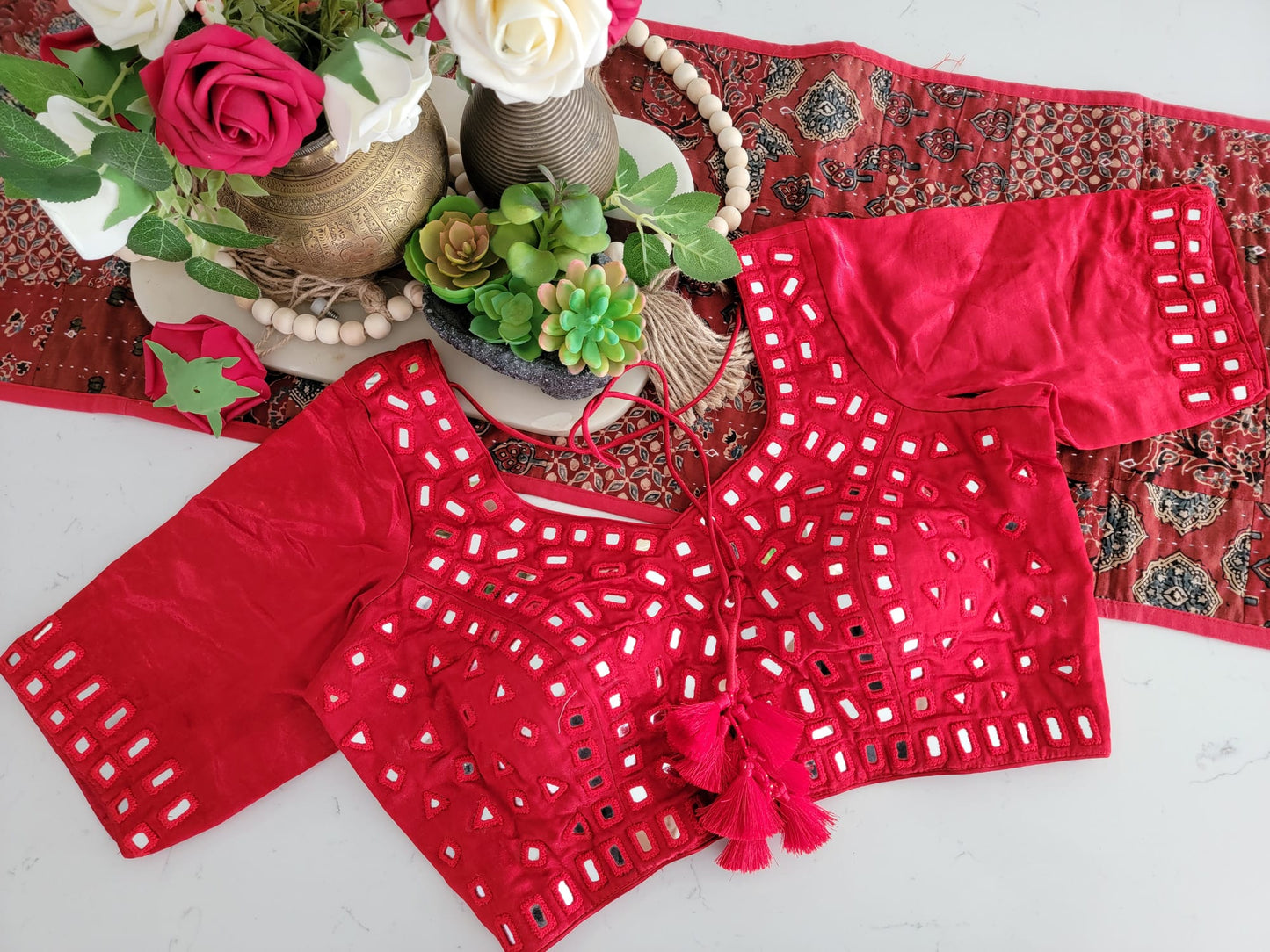 Mirror Work Blouse on Mashru Silk- Red