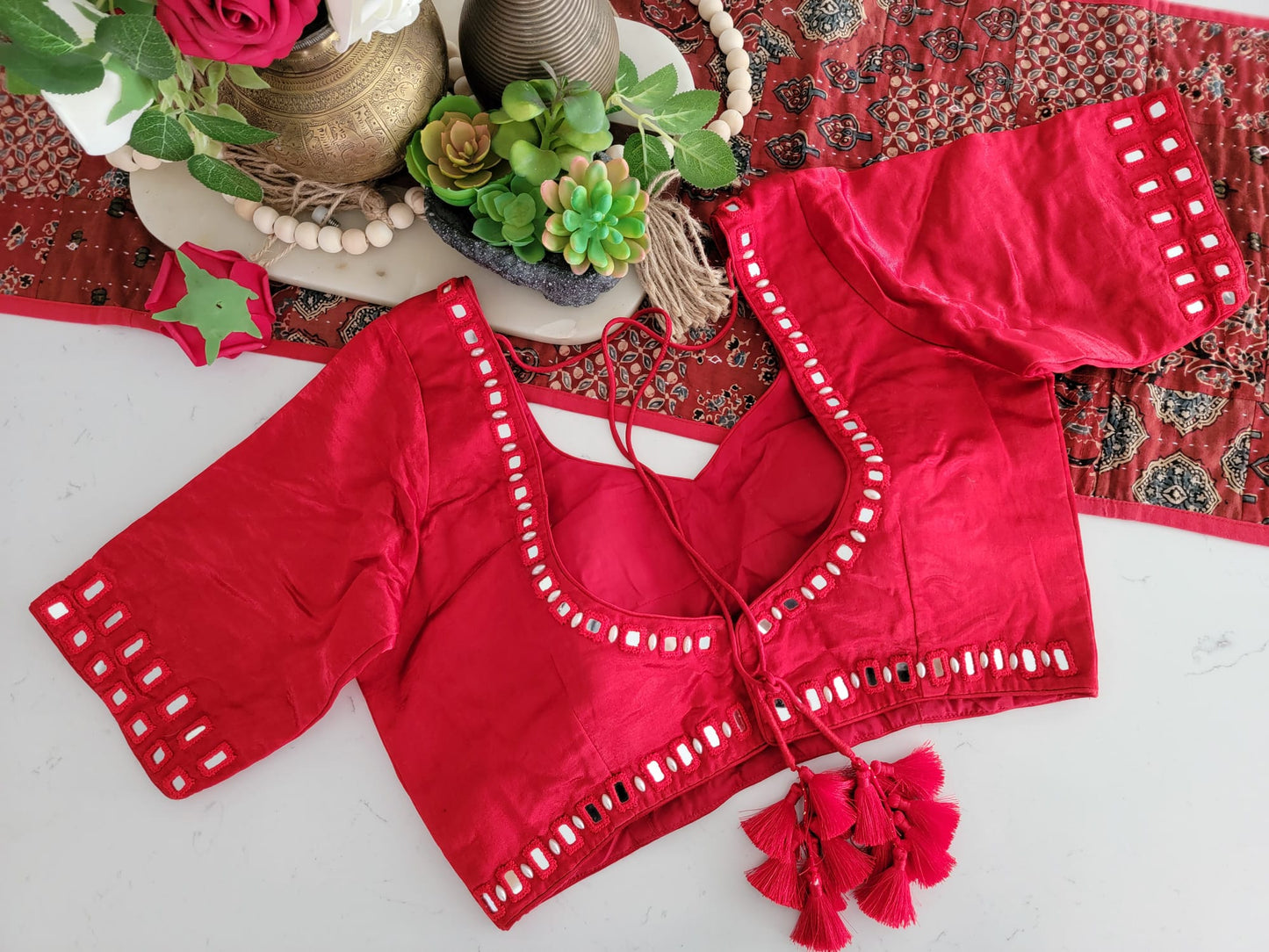 Mirror Work Blouse on Mashru Silk- Red