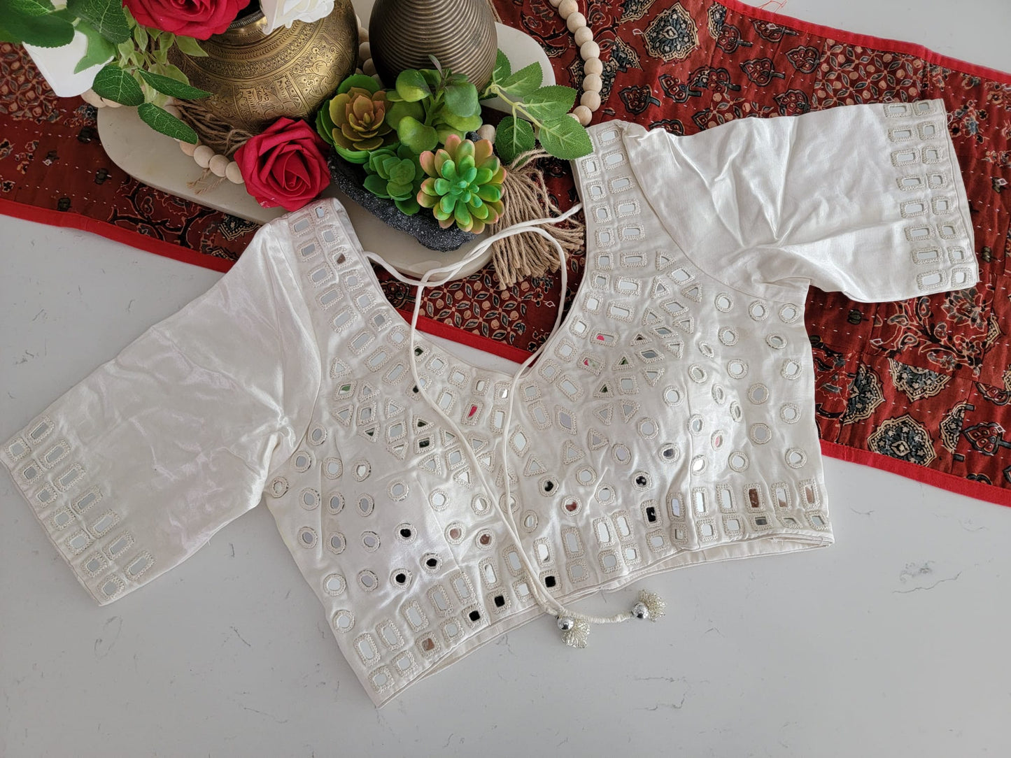 Mirror Work Blouse on Mashru Silk- White
