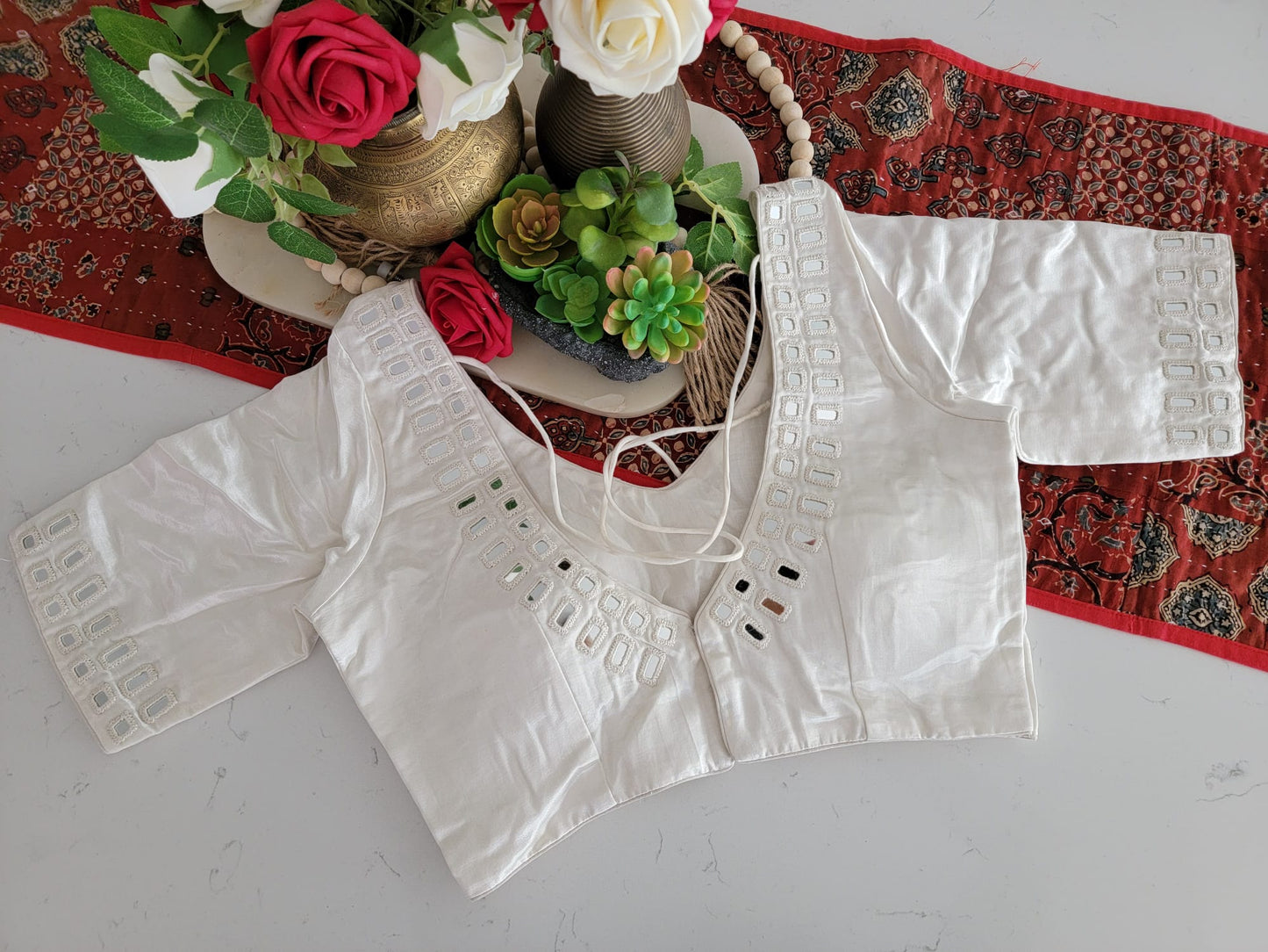 Mirror Work Blouse on Mashru Silk- White
