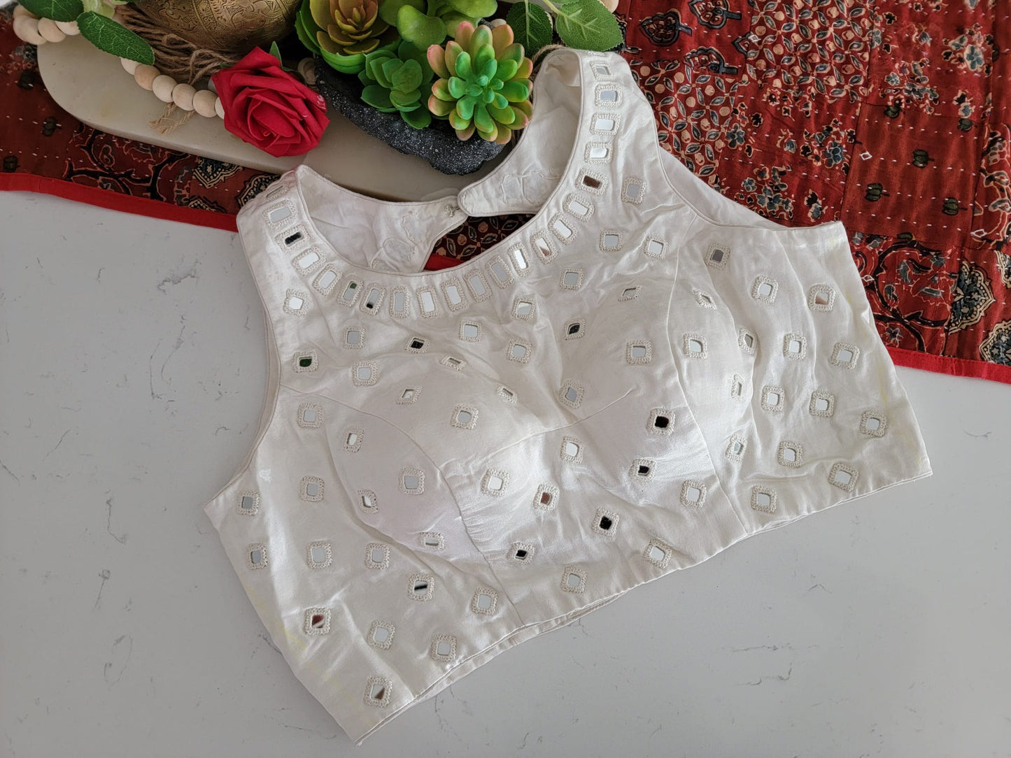 Mirror Work Blouse on Mashru Silk- White