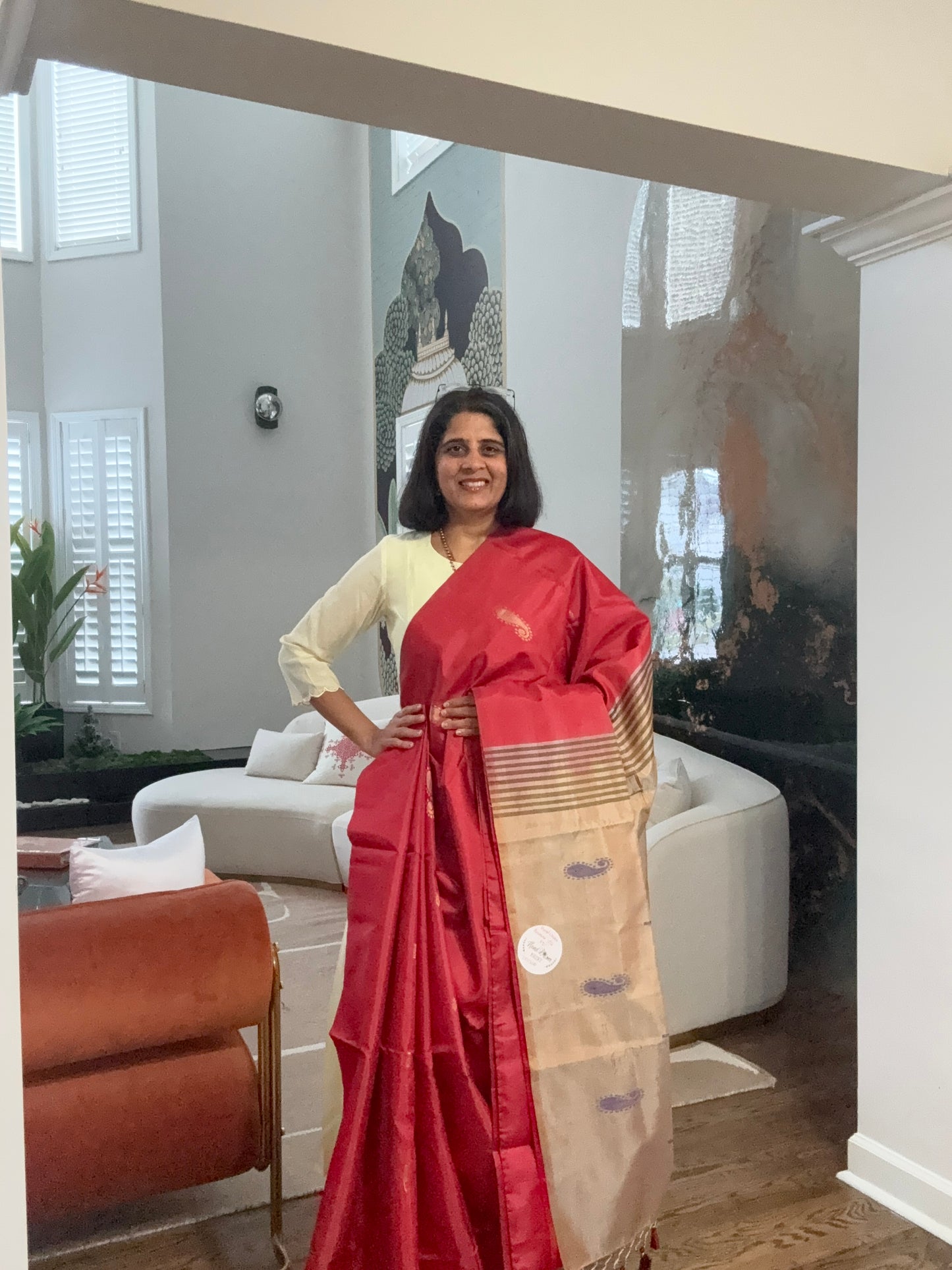 Banana Silk Saree - Bright Red with golden Pallu