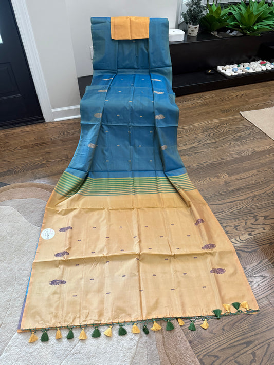 Banana Silk Saree - Ocean Blue with Sandy tan pallu