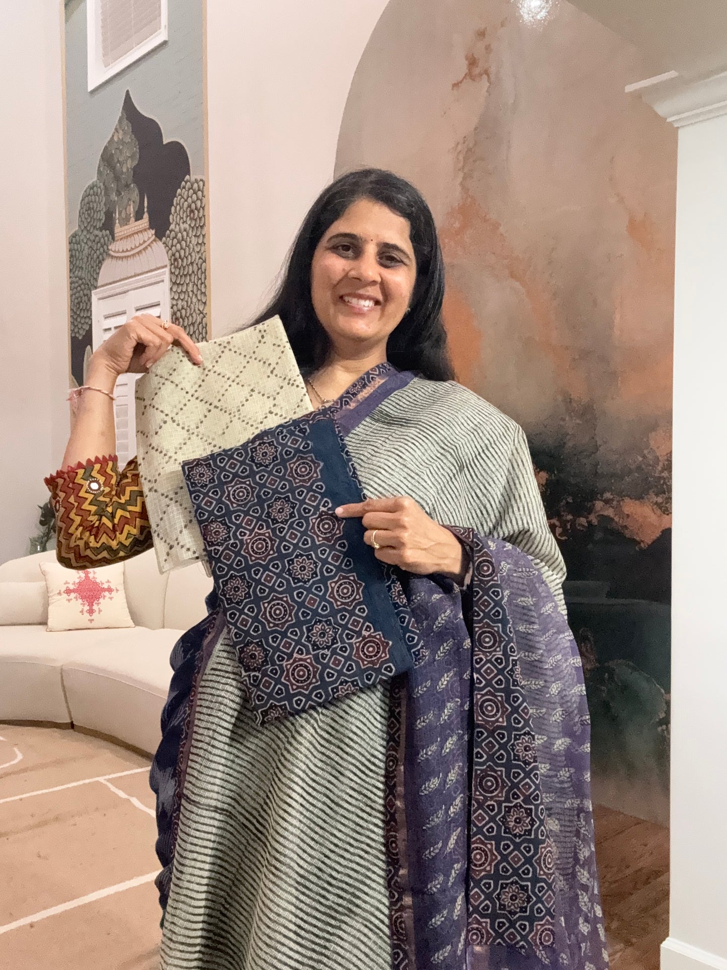 Hand Block Printed kota Saree with Ajarakh border