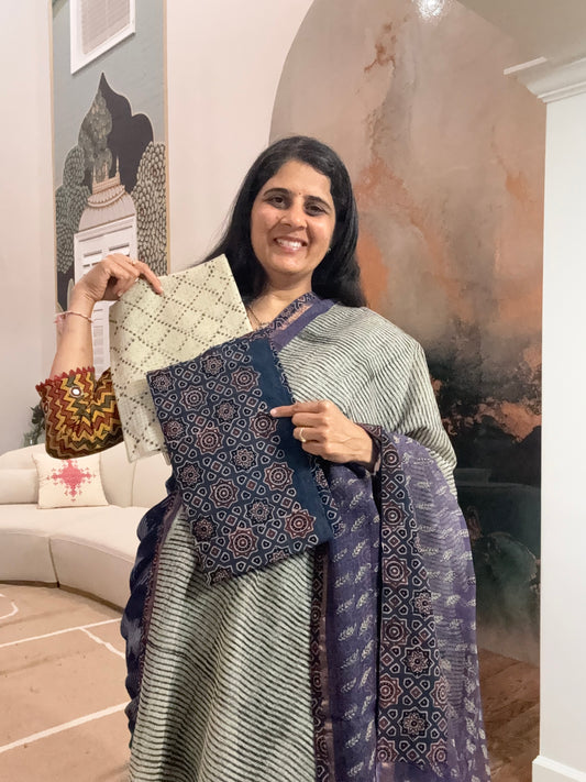 Hand Block Printed kota Saree with Ajarakh border