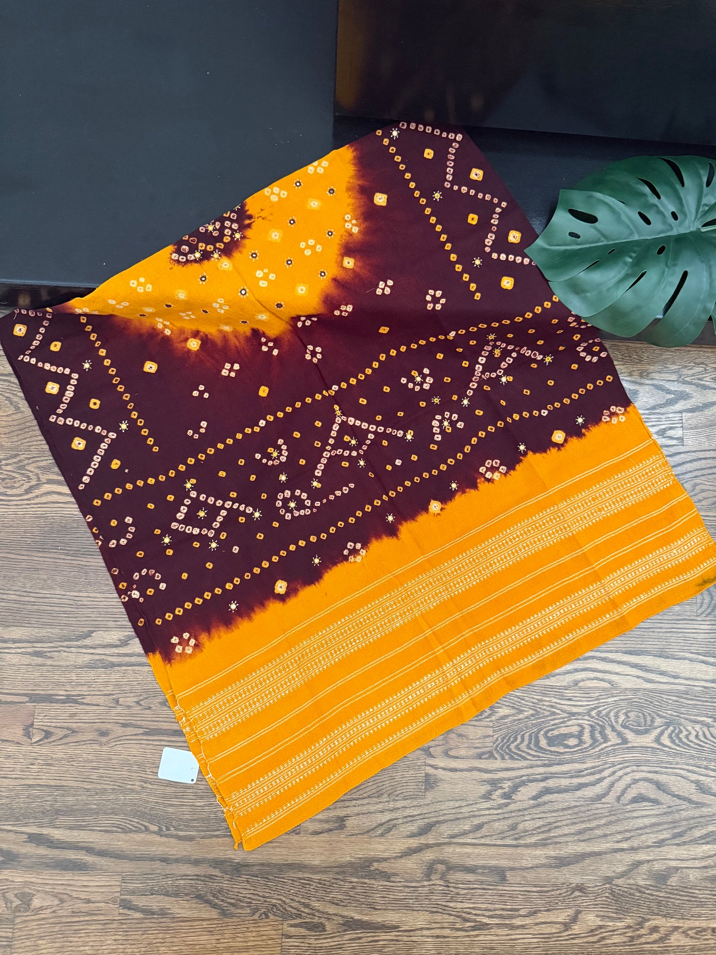 Hand Woven Bandhej Marino Sheep Wool Shawl - Haldi Yellow/ Brown