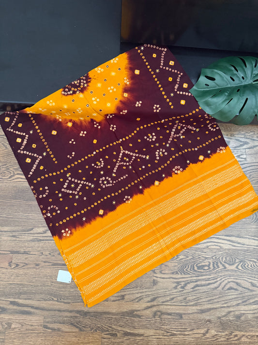 Hand Woven Bandhej Marino Sheep Wool Shawl - Haldi Yellow/ Brown