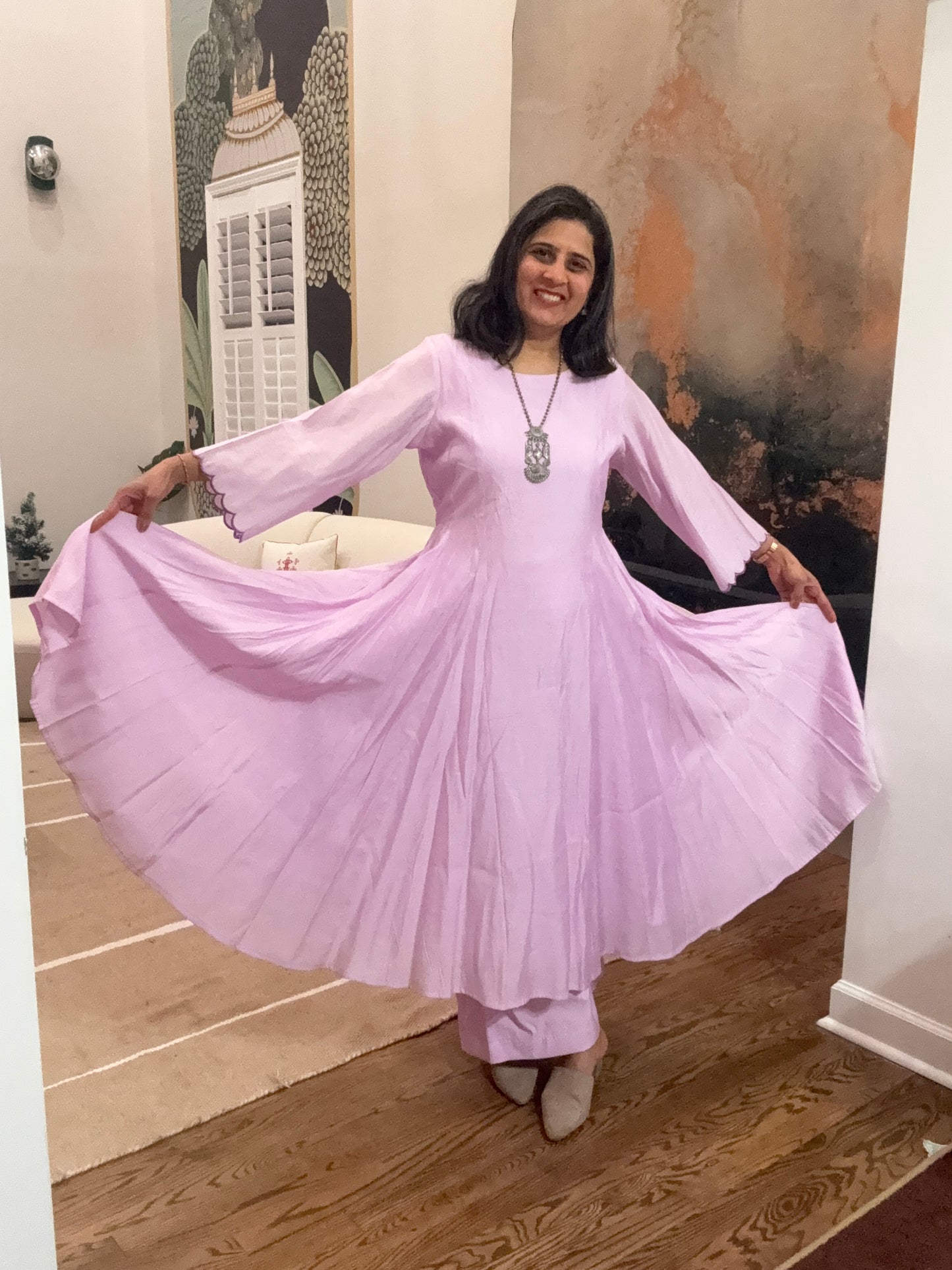 Size L - 40 - Plain Anarkali Kurta and Pant Set - Pastel Mouve