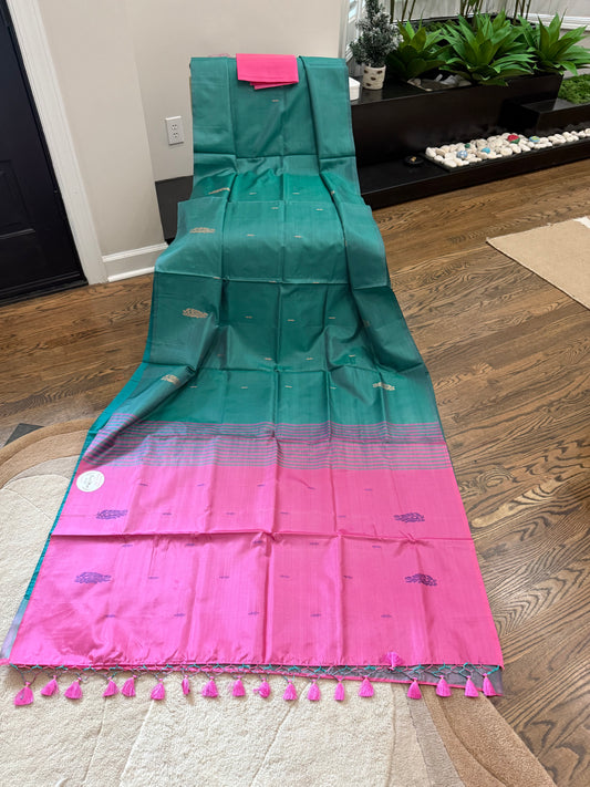 Banana Silk Saree - Emerald Green with pink pallu