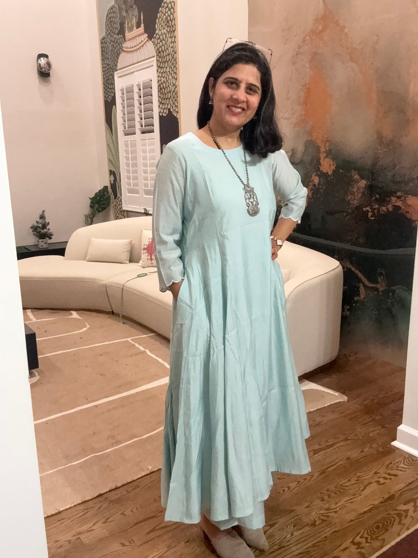 Size M - 38 - Plain Anarkali Kurta and Pant Set - Pastel Pistachio Green