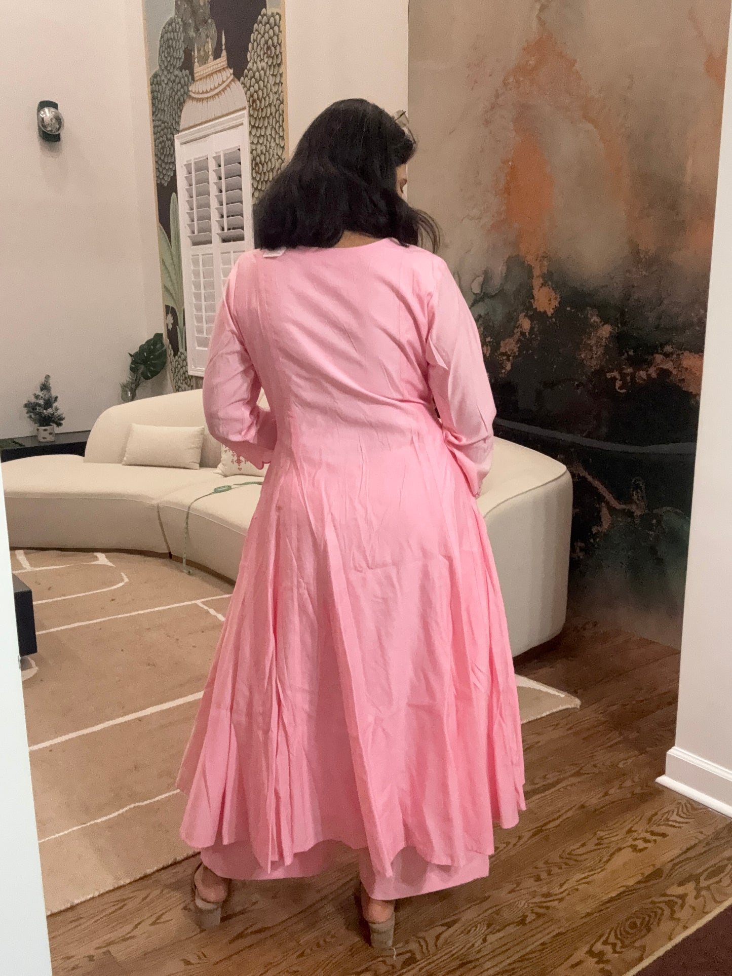 Size L - 40 - Plain Anarkali Kurta and Pant Set - Bubblegum Pink