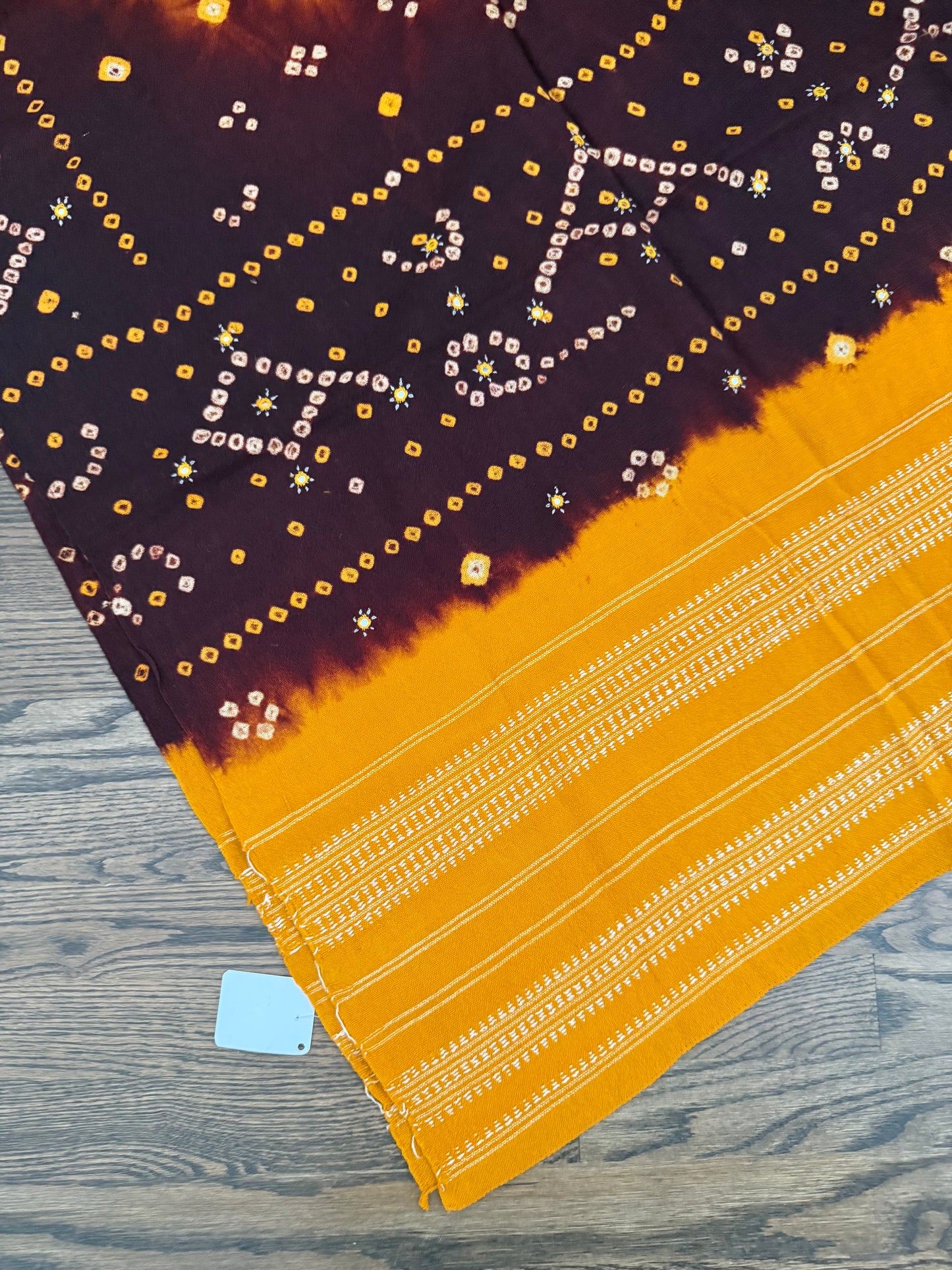 Hand Woven Bandhej Marino Sheep Wool Shawl - Haldi Yellow/ Brown