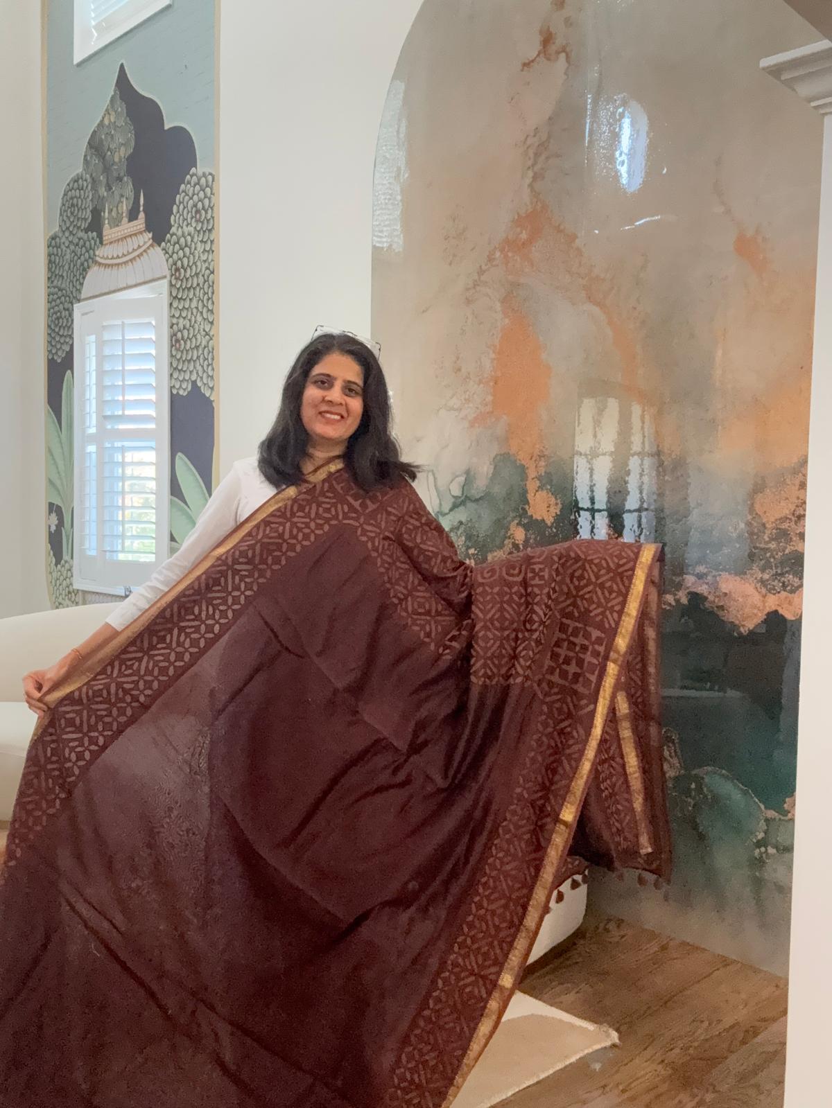 Hand Appliquework sarees on Maheshwari Silk - Brown