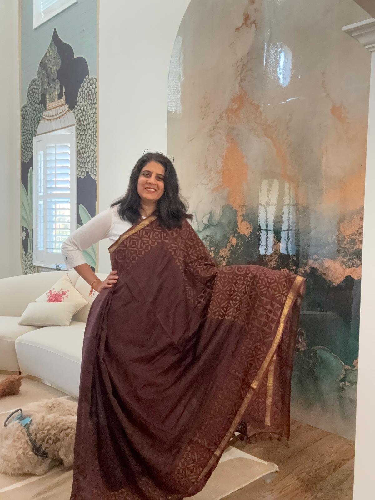 Hand Appliquework sarees on Maheshwari Silk - Brown