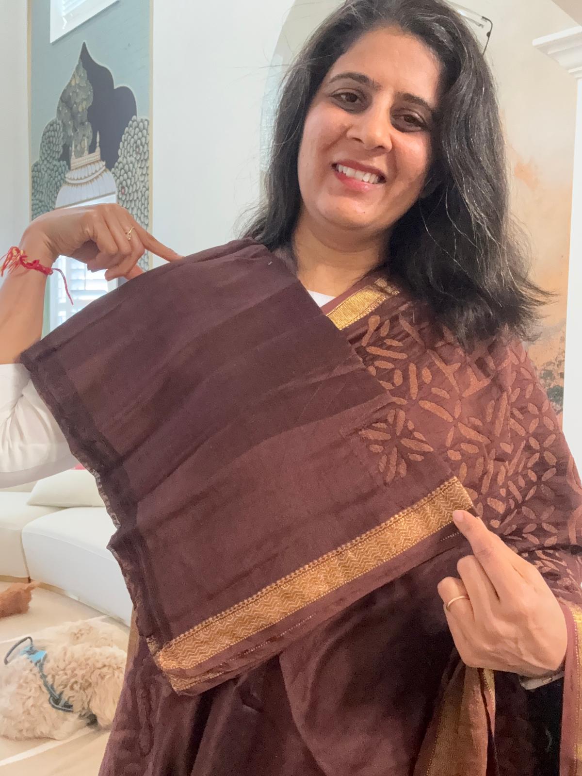 Hand Appliquework sarees on Maheshwari Silk - Brown