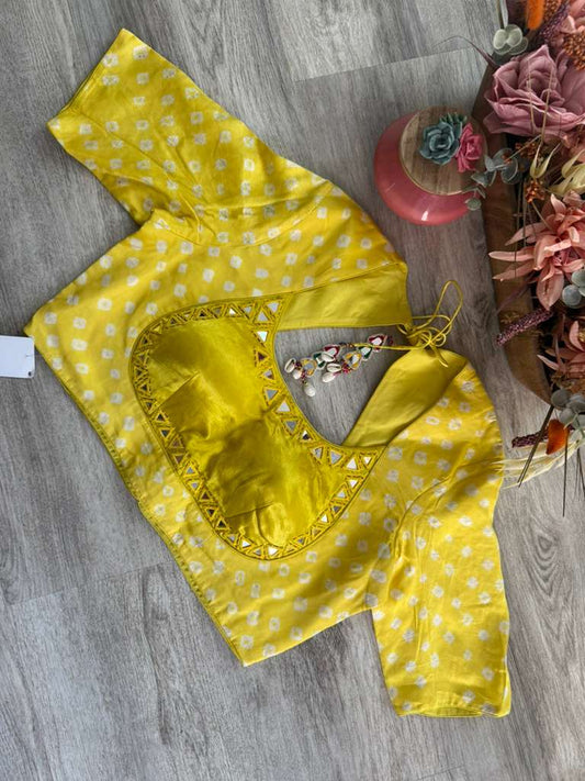 Bandhani Blouse with Mirror Work - Lemon Yellow