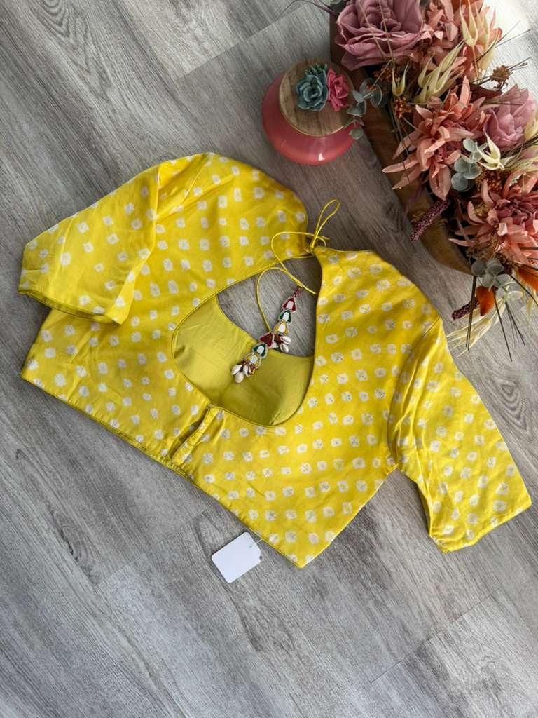 Bandhani Blouse with Mirror Work - Lemon Yellow