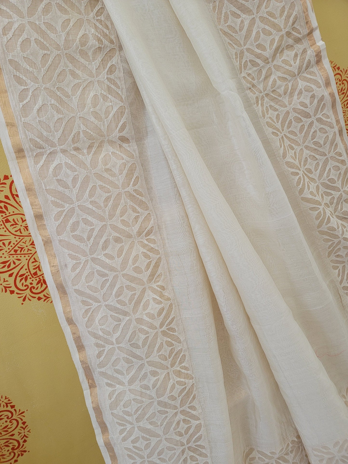 Handcrafted Applique Work Saree on Handwoven Maheshwari Silk