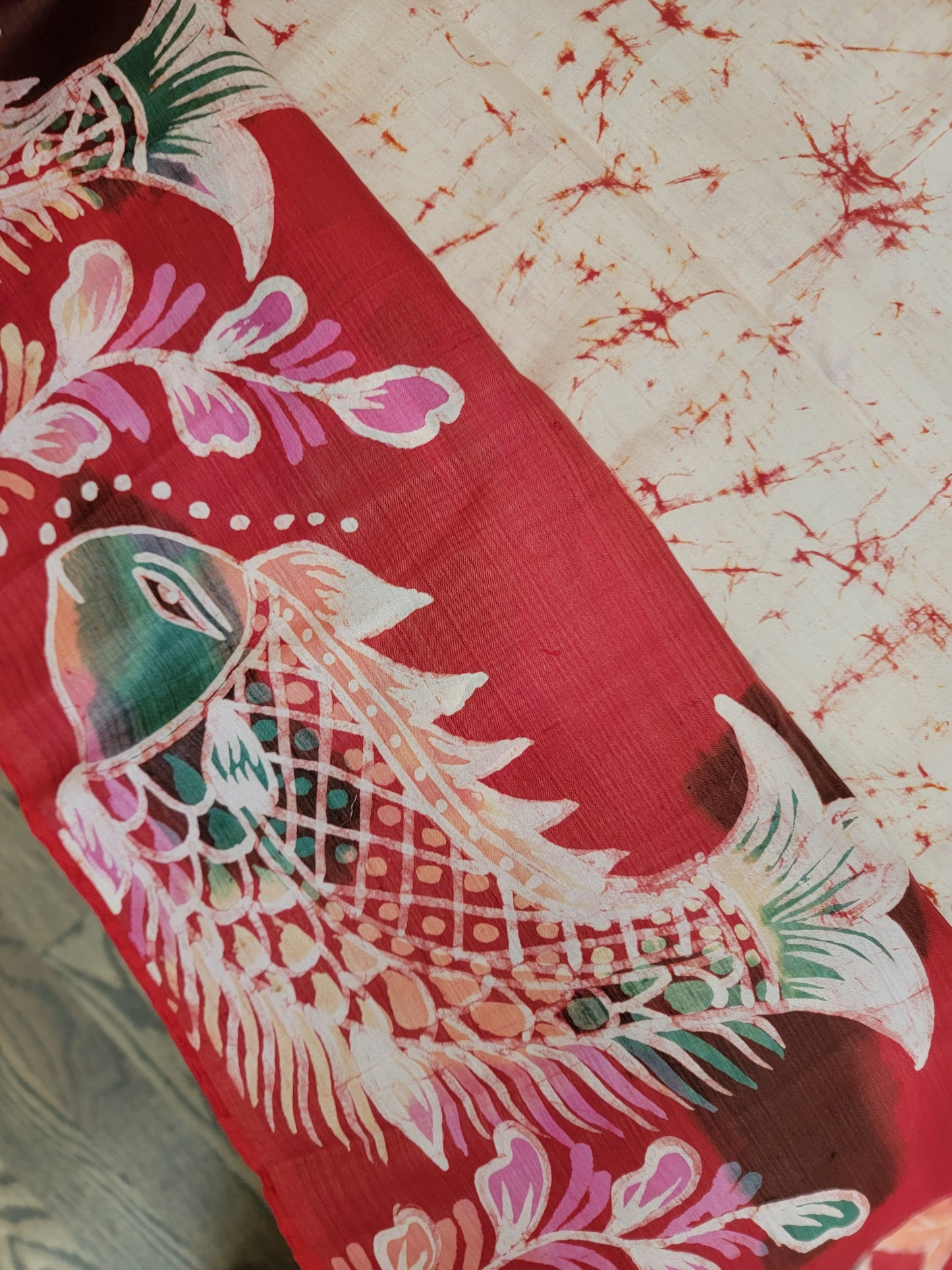 Hand Batik Saree on Katan Silk - Red & White