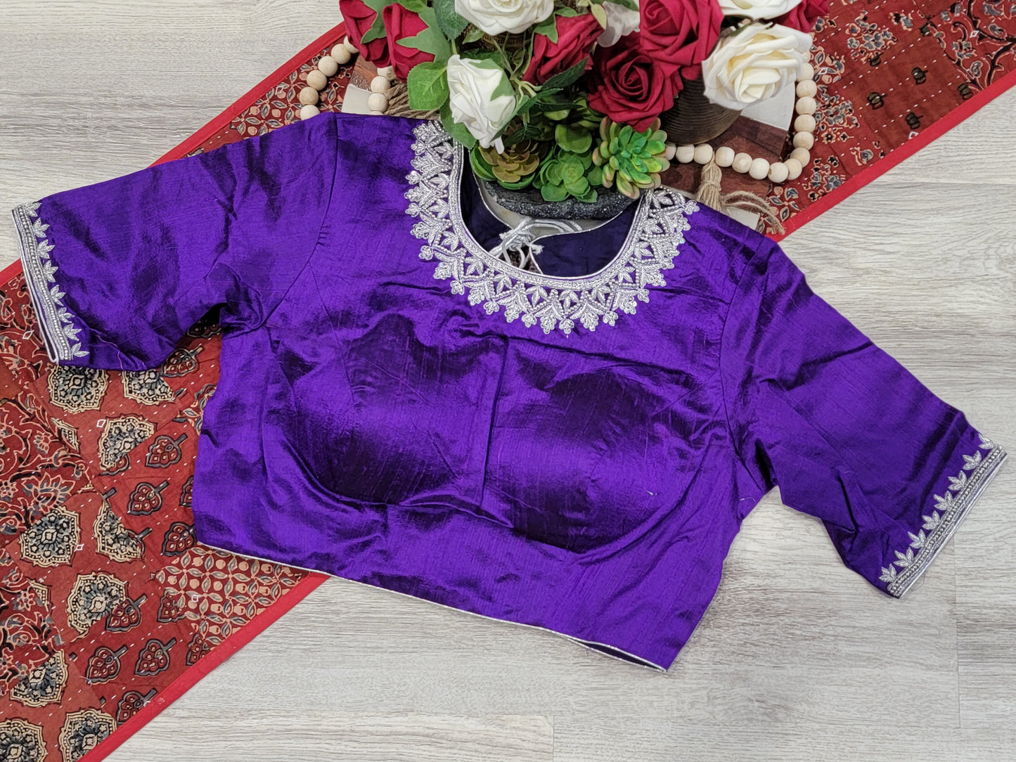 Silver Zari Raw Silk Maggam Work Blouse - Purple
