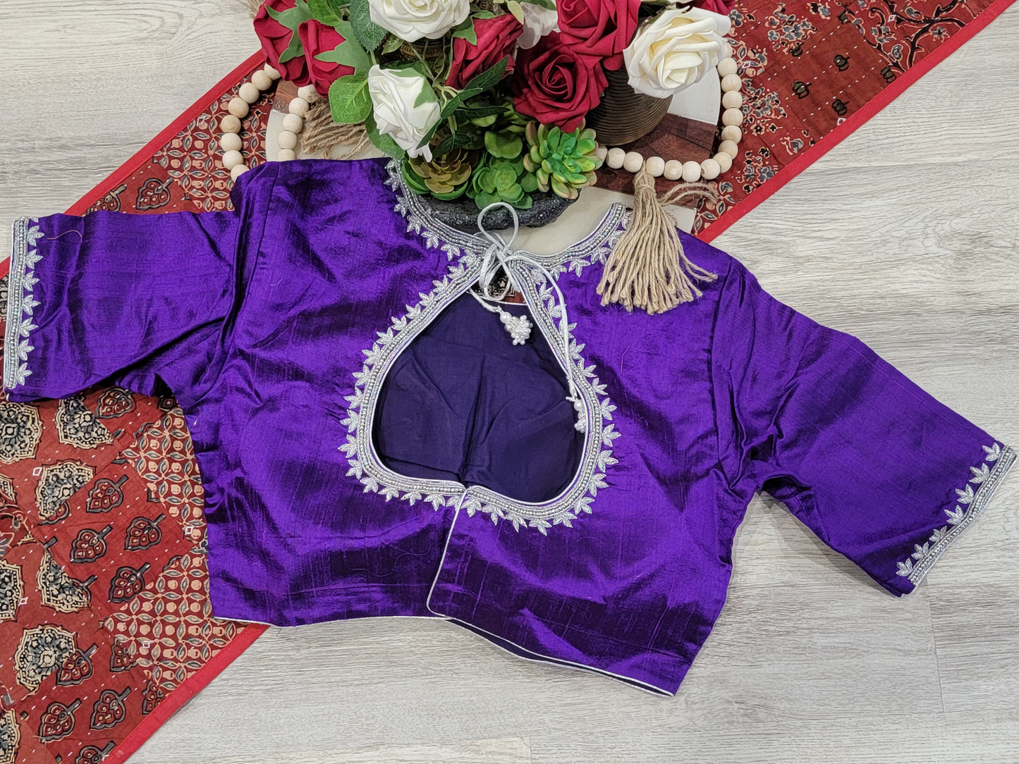 Silver Zari Raw Silk Maggam Work Blouse - Purple