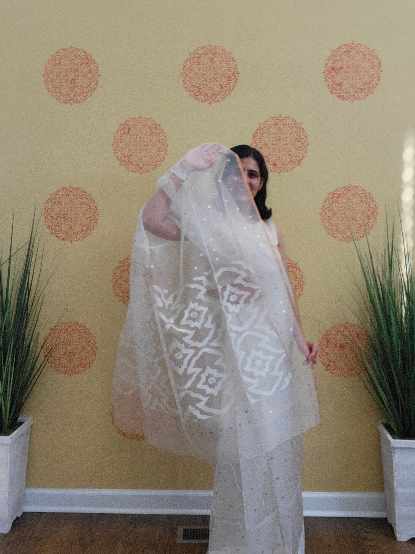 Size 36-40 Stitched Blouse - White Handwoven Muslin Jamdani
