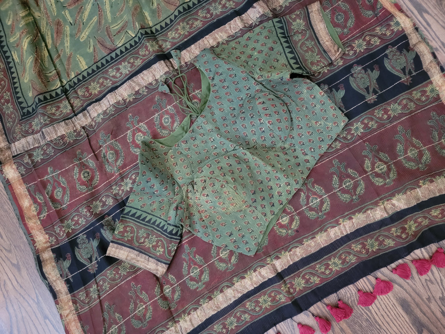 Ajarakh Vegetable Color Dyed hand block printed Saree on Maheshwari Silk