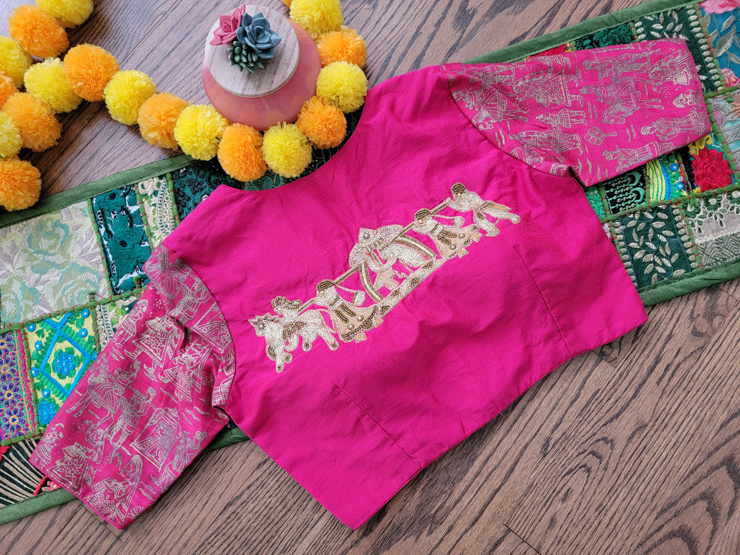 Dupion Silk Aari work Blouse - Pink