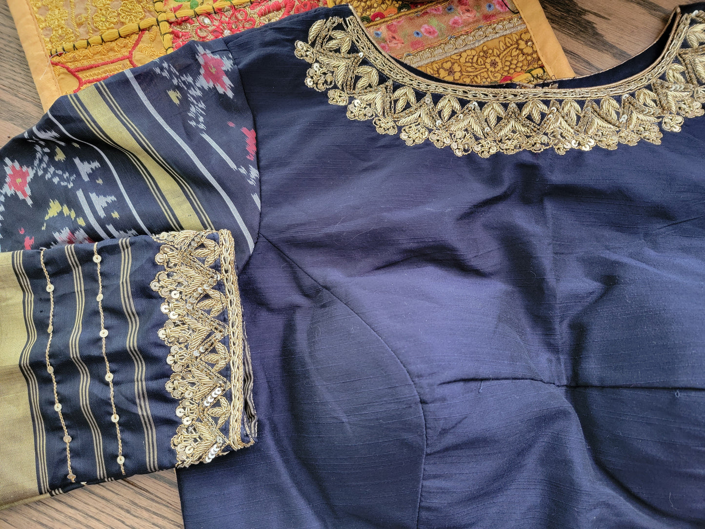 Maggam work Raw Silk Patola sleeve Blouse - Royal Blue